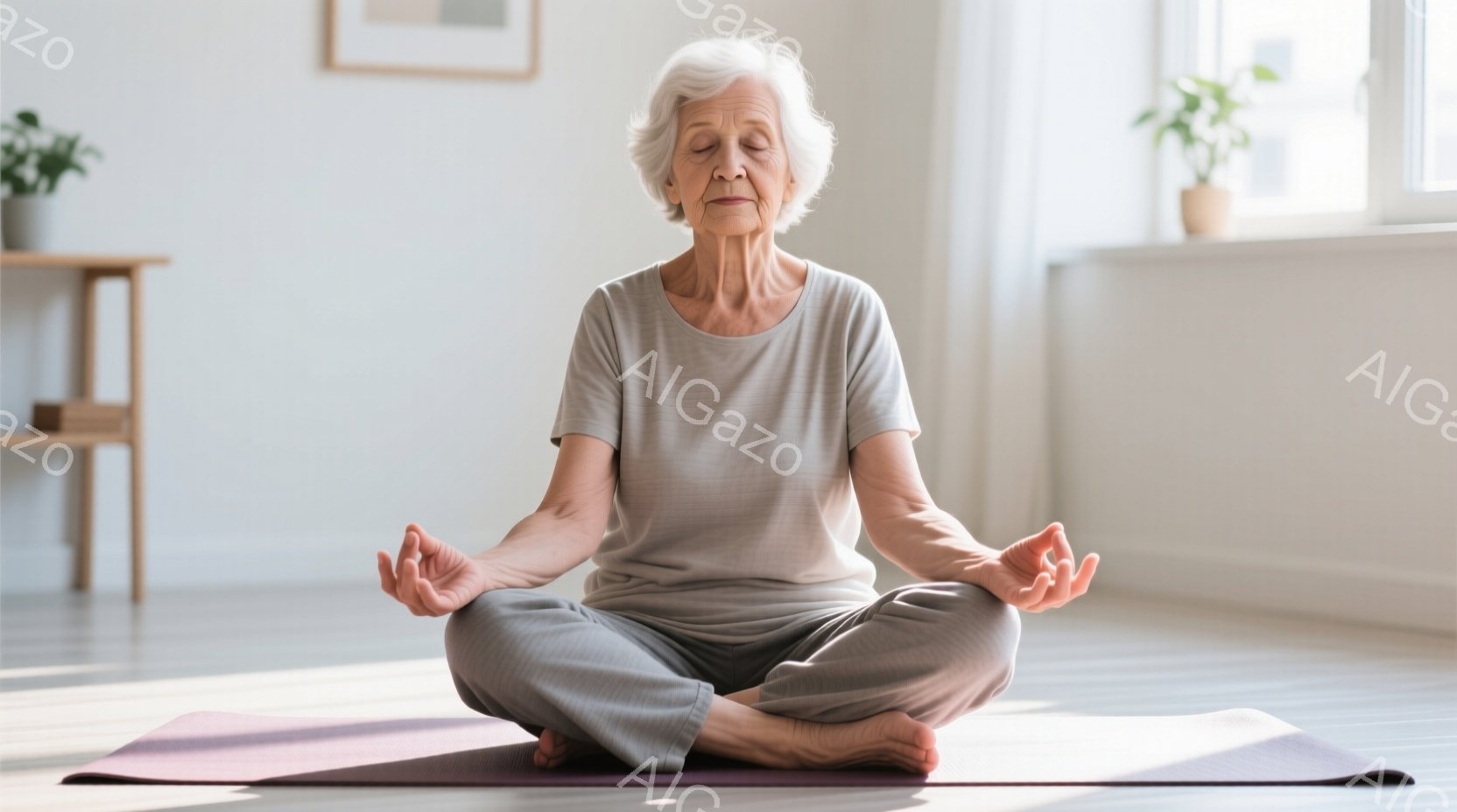白髪の女性が、紫色のヨガマットの上で瞑想のポーズをとっています。グレーのTシャツとゆったりとしたズボンを身に着け、穏やかな表情で目を閉じています。背景には木製の棚と窓があり、室内は明るく、静かで穏やか - AI生成フリー素材