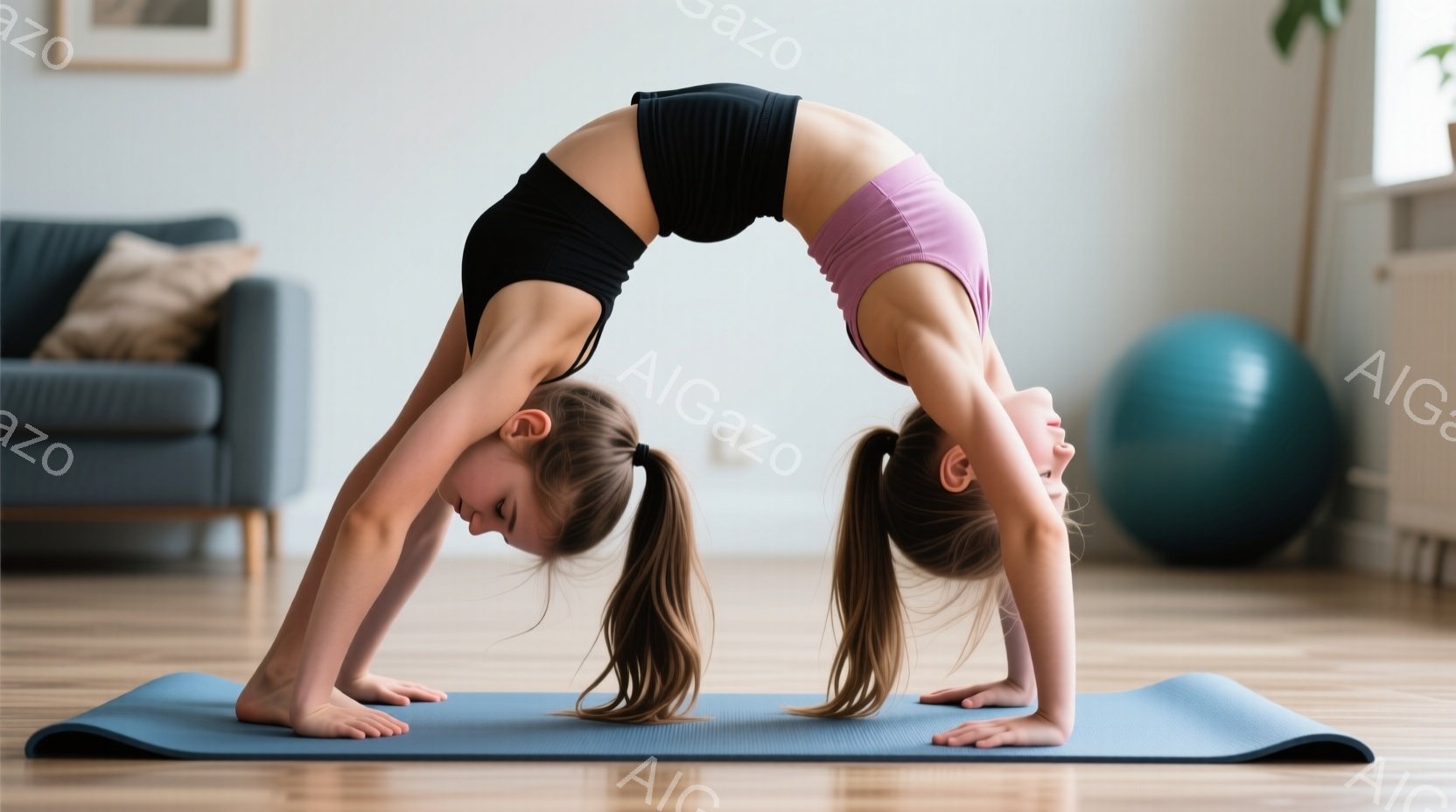 少女は青いヨガマットの上でブリッジのポーズをとっています。彼女は黒いタンクトップとピンクのショートパンツを着ており、髪は2つのポニーテールに結ばれています。背景には、グレーのソファ、エクササイズボール、そして明るい自然光が入る窓が見え、健康的なライフスタイルを連想させる温かく穏やかな雰囲気です。