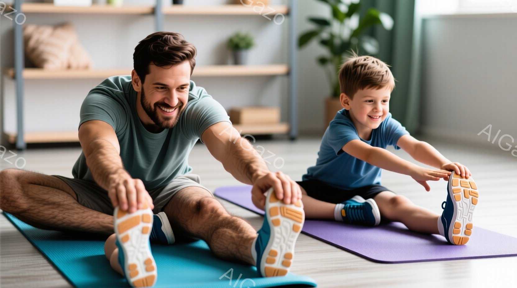 笑顔の男性と少年が、それぞれ青と紫のヨガマットの上で座って前屈をしています。男性は薄いグレーのTシャツと短パンを着ており、少年は青いTシャツと短パンです。背景には木製の棚と植物が見え、室内でリラックスした雰囲気の運動風景が描かれています。