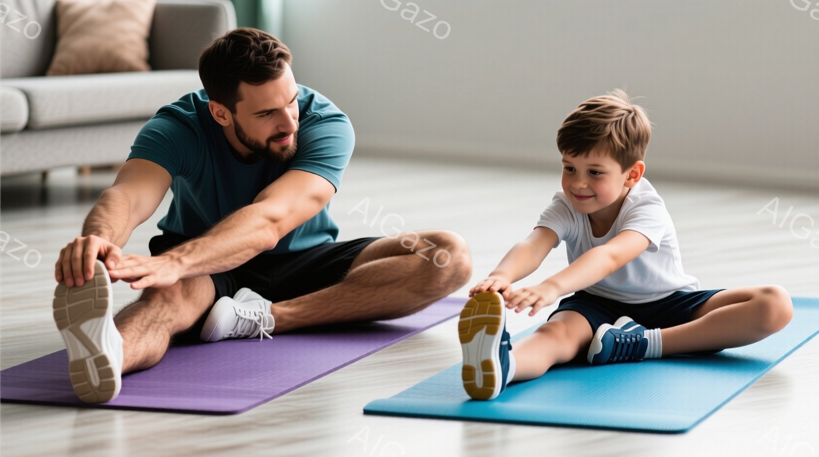 筋力トレーニングマットの上で座り、足を伸ばしてストレッチをしている父と息子が写っています。父親は濃い青色のTシャツと黒いショーツ、息子は白いTシャツと紺色のショーツを着ており、どちらも白い運動靴を履いています。背景にはグレーのソファが見え、室内は明るく清潔な雰囲気で、健康的なライフスタイルを連想させます。