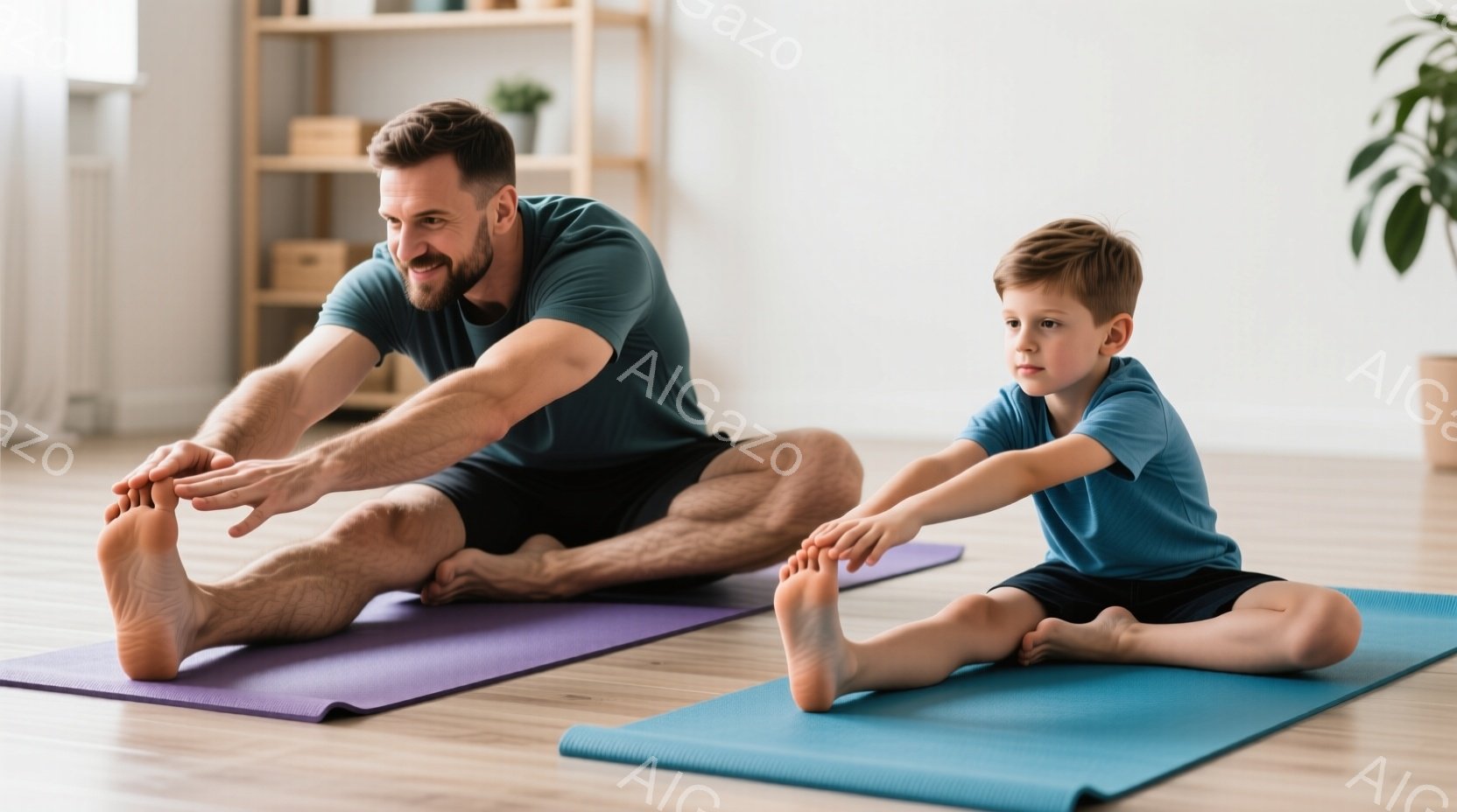 少年と大人が床に座り、足を伸ばしてストレッチをしている。大人は濃い青色のTシャツを着て、短髪で少し顎ひげを生やしている。背景には木製の棚が見え、部屋全体は明るく穏やかな雰囲気である。