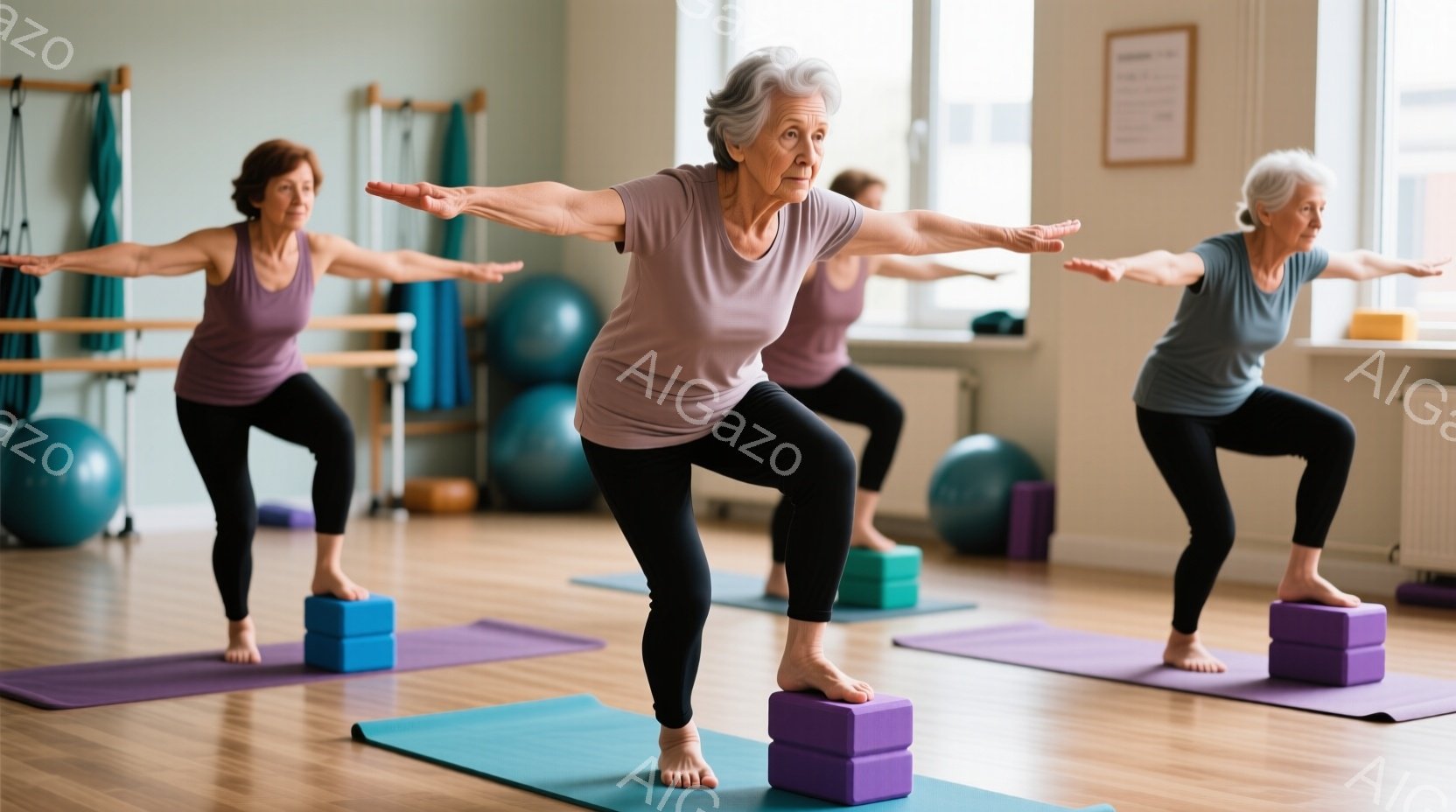 ヨガマットの上でスクワットをしている高齢の女性たちが写っています。女性たちはそれぞれ紫色のブロックの上に足を置き、腕を横に広げてバランスを取っています。明るい室内には、エクササイズボールやバレエバーが見え、健康的な運動の雰囲気が漂っています。