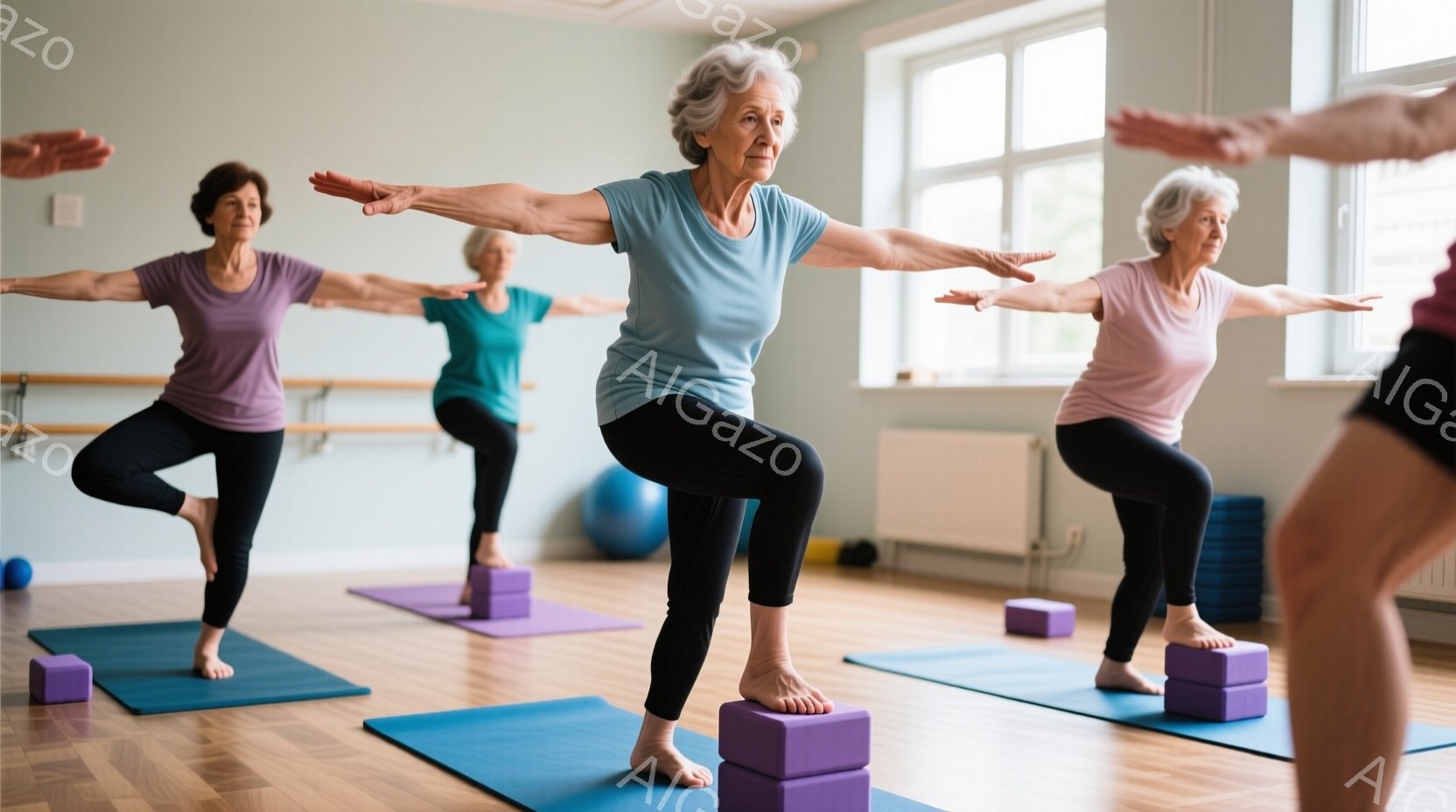 ヨガクラスの高齢女性たちが、明るいスタジオでヨガのポーズをとっています。彼女たちは全員、動きやすい服装で、それぞれヨガマットの上で様々なポーズをしています。背景には、他のヨガマットやブロック、そして薄い色の壁が見え、クラスの落ち着いた雰囲気を醸し出しています。