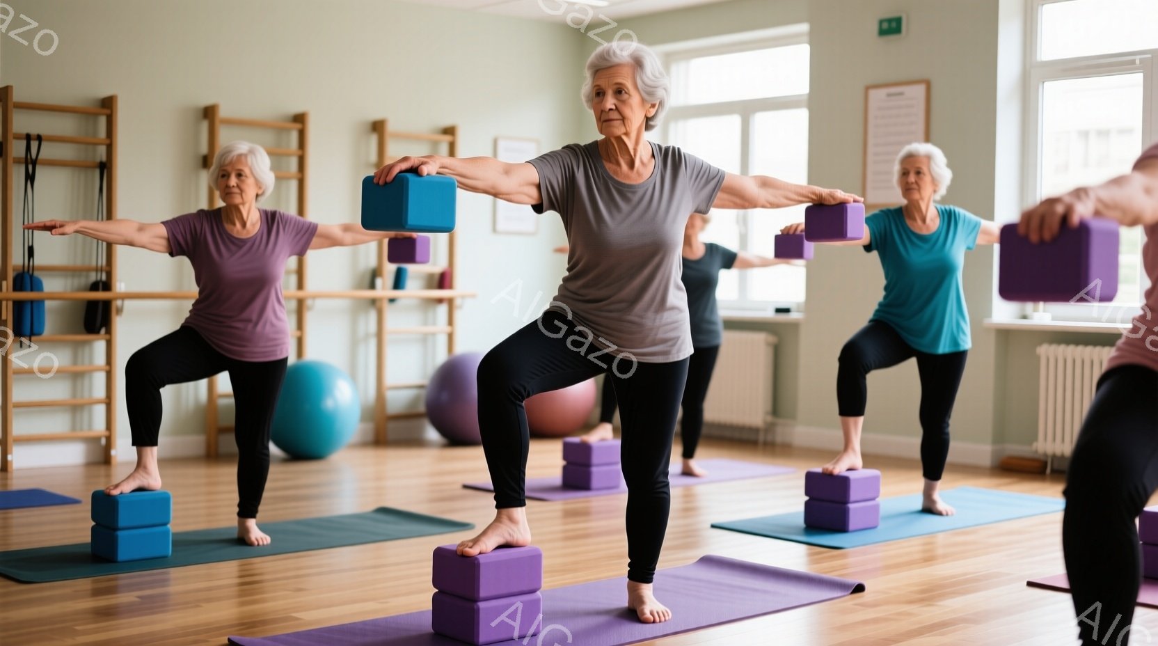 ヨガマットの上でポーズをとる高齢の女性たちが写っています。彼女たちは紫色のヨガパンツとグレーのTシャツを着ており、それぞれが紫色のブロックを手に持っています。背景には、エクササイズボールや体操用のバーがあり、室内は明るく、健康的な雰囲気です。