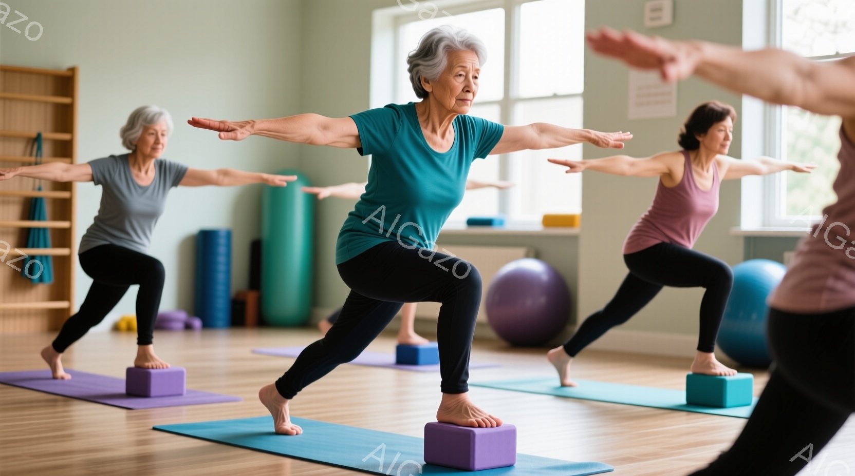 ヨガ教室で高齢の女性たちがヨガのポーズをとっています。彼女たちはそれぞれ青いヨガマットの上で、紫色のブロックの上に片足を乗せ、両腕を横に広げ、集中した表情で姿勢を保っています。背景には、ヨガボールやフォームローラーなどの器具が見え、明るく広々とした室内は、健康的なアクティビティに最適な雰囲気です。