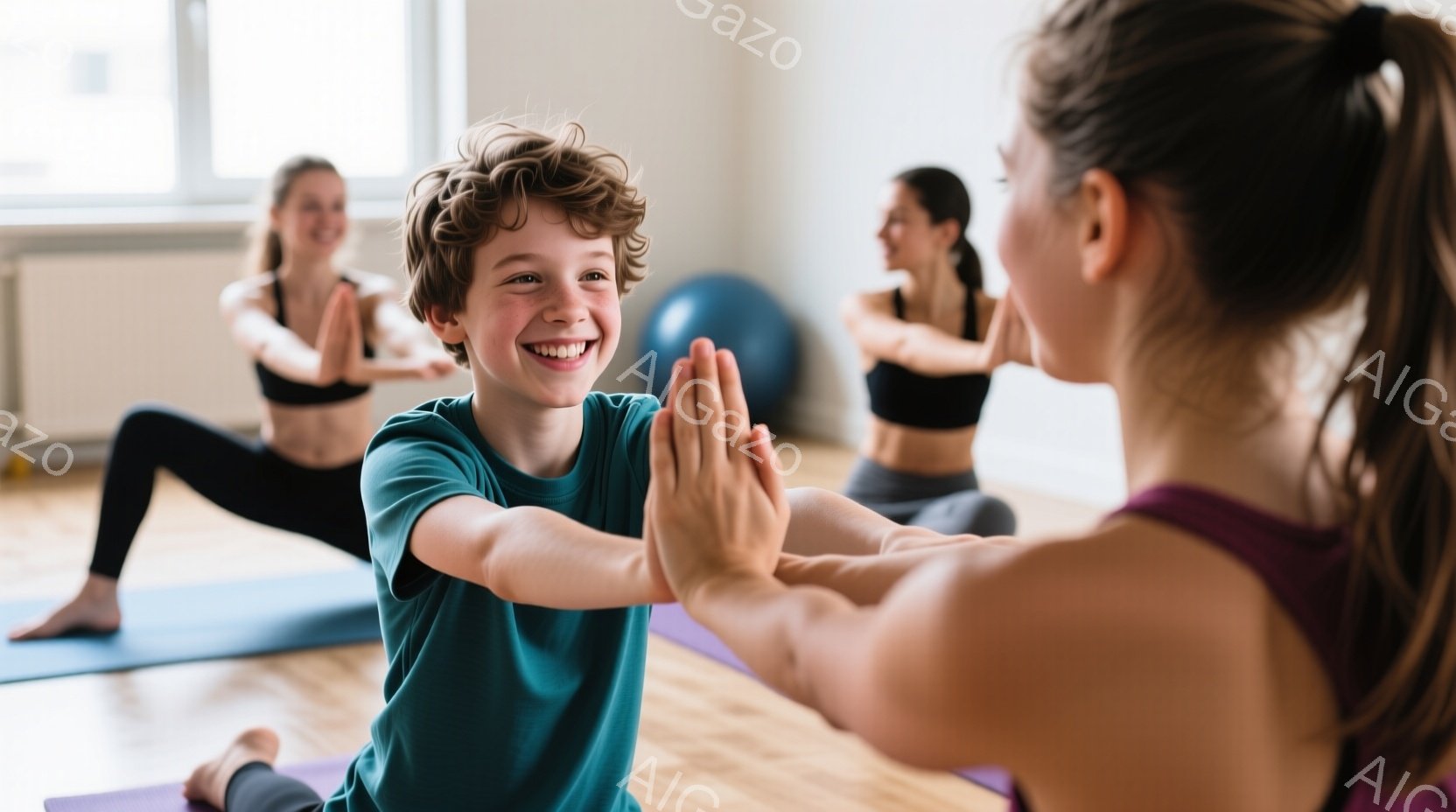 室内でヨガのクラスが行われており、少年と女性がハイタッチをしています。少年は緑色のTシャツを着ており、笑顔で少しカールした髪をしています。背景には、他の参加者がヨガのポーズを取り、明るく開放的な雰囲気 - AI生成フリー素材