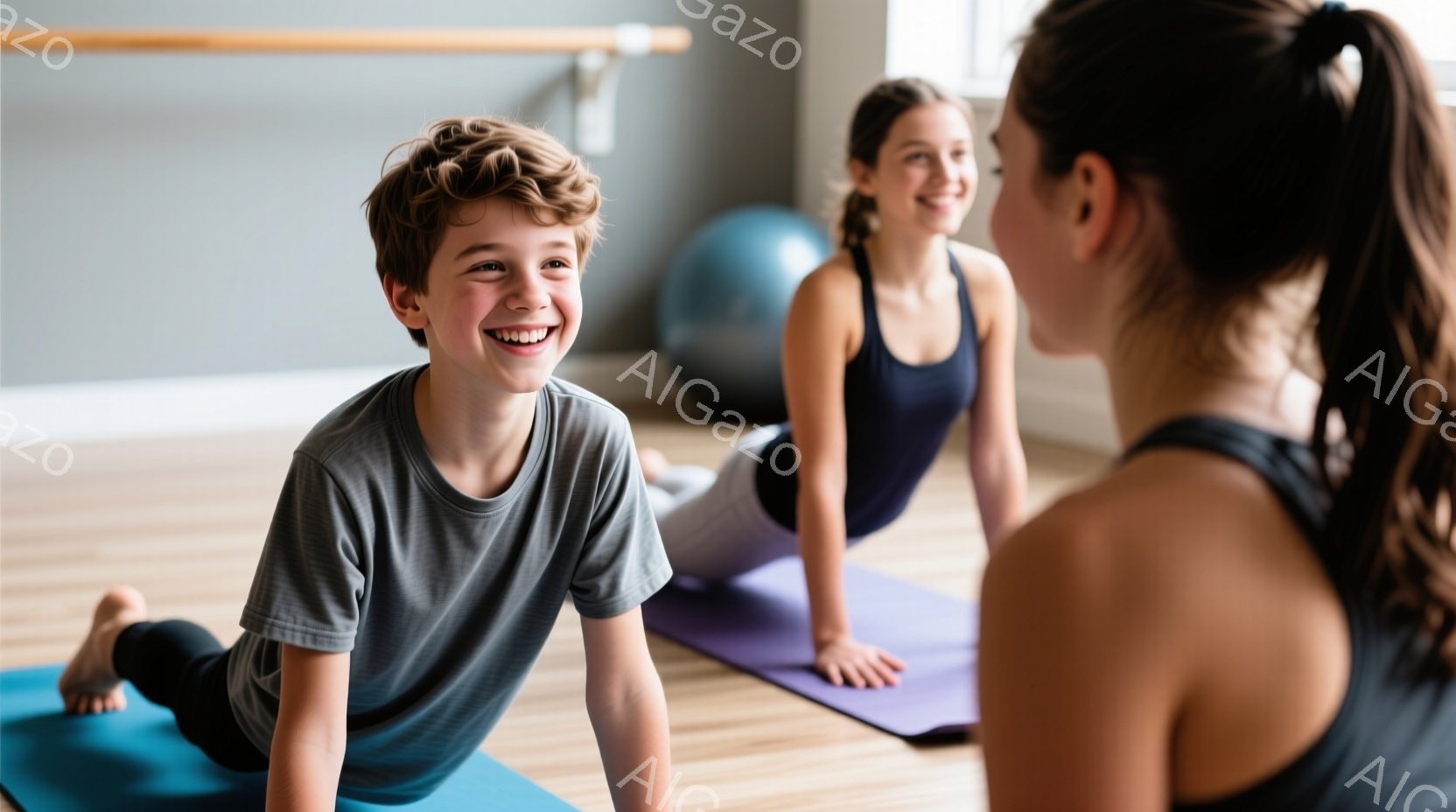 少年と少女が青いヨガマットの上で体を伸ばしています。少年はグレーのTシャツと黒いズボンを着用し、満面の笑みを浮かべています。背景には、木製の床、壁のバー、そしてぼやけたエクササイズボールが見え、明るく活気のある雰囲気です。