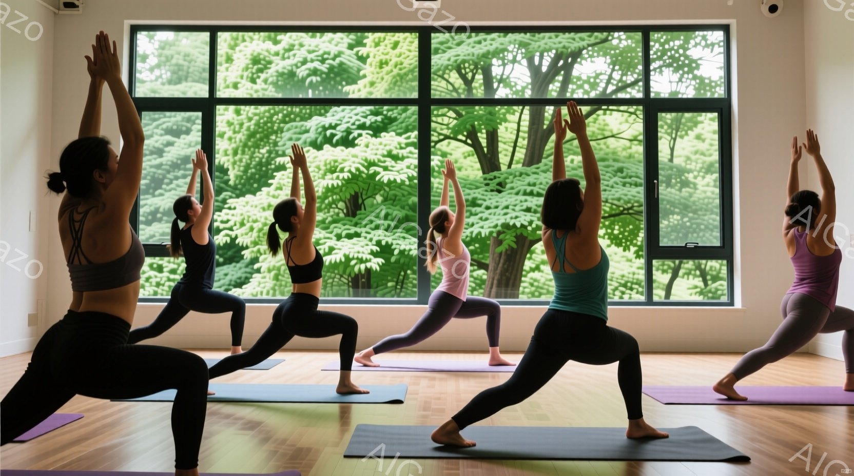 ヨガスタジオで、5人の女性がランジのポーズをとっています。女性たちはスポーツブラやレギンスなど、動きやすい服装で、髪は後ろでまとめています。背景には大きな窓があり、緑豊かな木々が見え、明るく穏やかな雰 - AI生成フリー素材