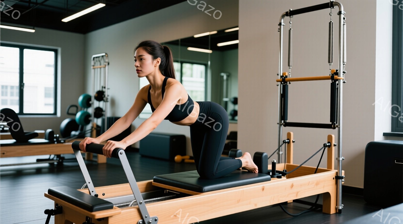 女性はピラティスマシン上で行うエクササイズに集中しており、黒のスポーツブラとレギンスを着用し、髪はきっちりと後ろで結ばれています。彼女は膝をつき、マシン上のバーを握って四つん這いの姿勢で、鍛えられた背中と集中した表情を見せています。背景には、他のピラティスマシンや設備が並び、明るく広々としたスタジオで活気あるトレーニングの雰囲気が漂っています。