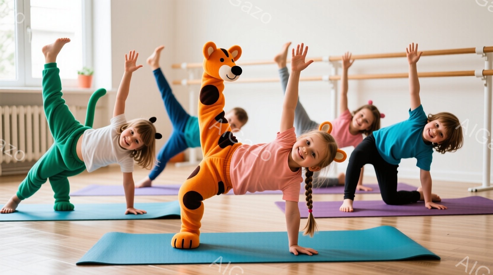 5人の子供たちがヨガマットの上で様々なポーズをとっています。オレンジ色のタイガーの着ぐるみを着た子供を中心に、他の子供たちは色とりどりの運動着を着て、体を伸ばしたり、背中を丸めたりしています。背景には木製の床とバレエバー、窓から差し込む明るい光があり、活気があり健康的な雰囲気です。