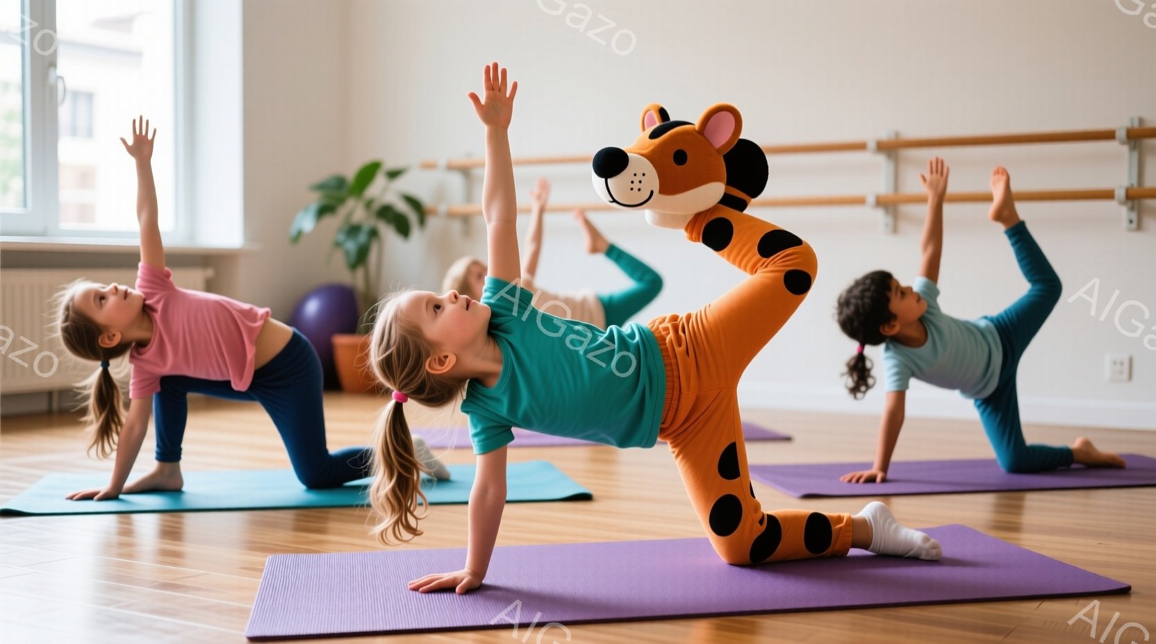 ヨガマットの上で、幼い子供たちが体を伸ばしています。ピンクとターコイズ色のシャツを着た女の子と、オレンジ色の虎の着ぐるみを着た子供が、猫のポーズをとっています。背景には、木製の床、窓、緑の植物が見え、明るくリラックスした雰囲気です。