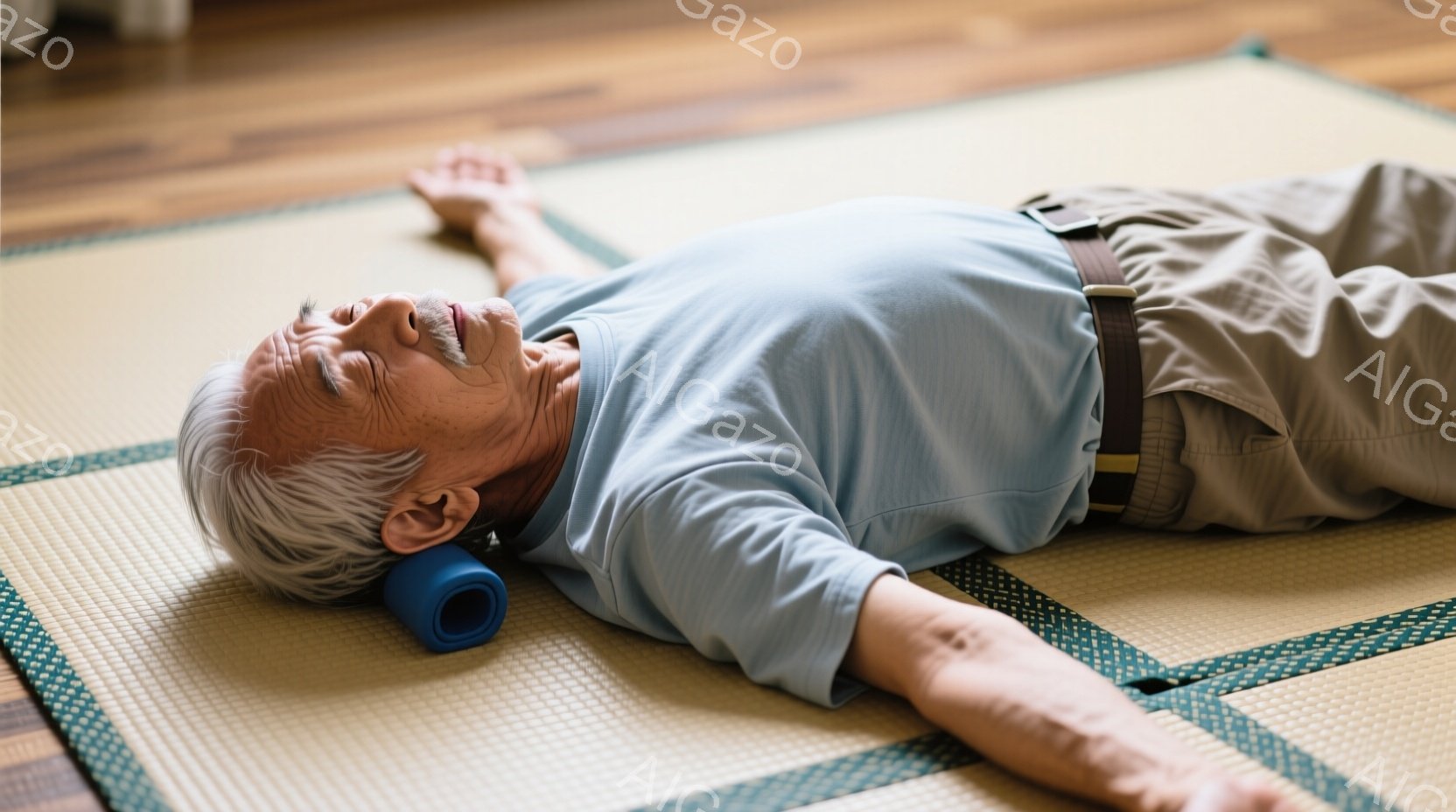 白髪で高齢の男性が畳の上に仰向けに寝ています。彼は水色のTシャツとベージュ色のズボンを着用し、背中には青い円柱状のクッションが置いてあります。目は閉じ、リラックスした表情で、腕は体の横に広げています。 - AI生成フリー素材