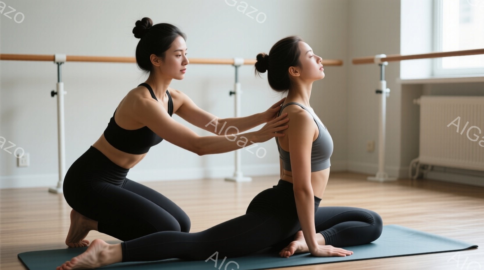 2人の女性がヨガマットの上でポーズをとっています。片方の女性は黒いスポーツブラとレギンスを着用し、もう一人は同じ服装で、うつ伏せになり体を反らせています。背景には木製の床とバレエバー、壁に設置された暖房器具があり、落ち着いた雰囲気のスタジオでヨガレッスンが行われている様子が伺えます。