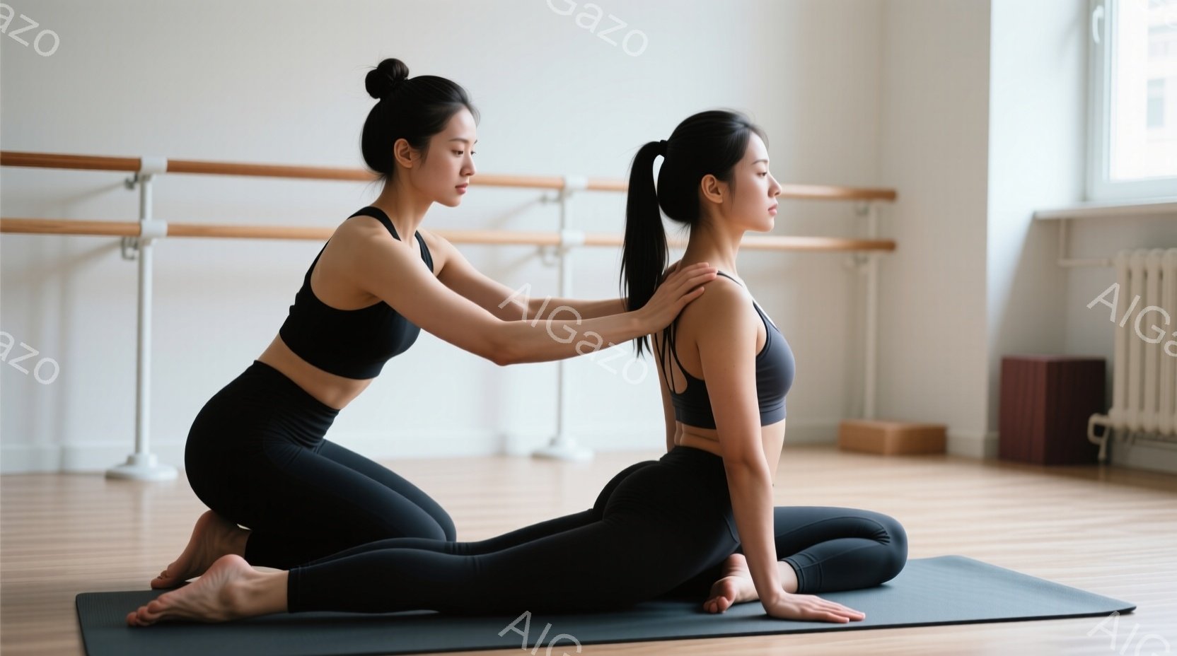 ヨガマットの上で、黒いレギンスとスポーツブラを着た女性二人が、背中合わせに座っています。一人は、もう一人の肩に手を置き、優しくサポートしているように見えます。背景には木製の床とバレエバー、そして白い壁があり、静かで穏やかな雰囲気が漂っています。