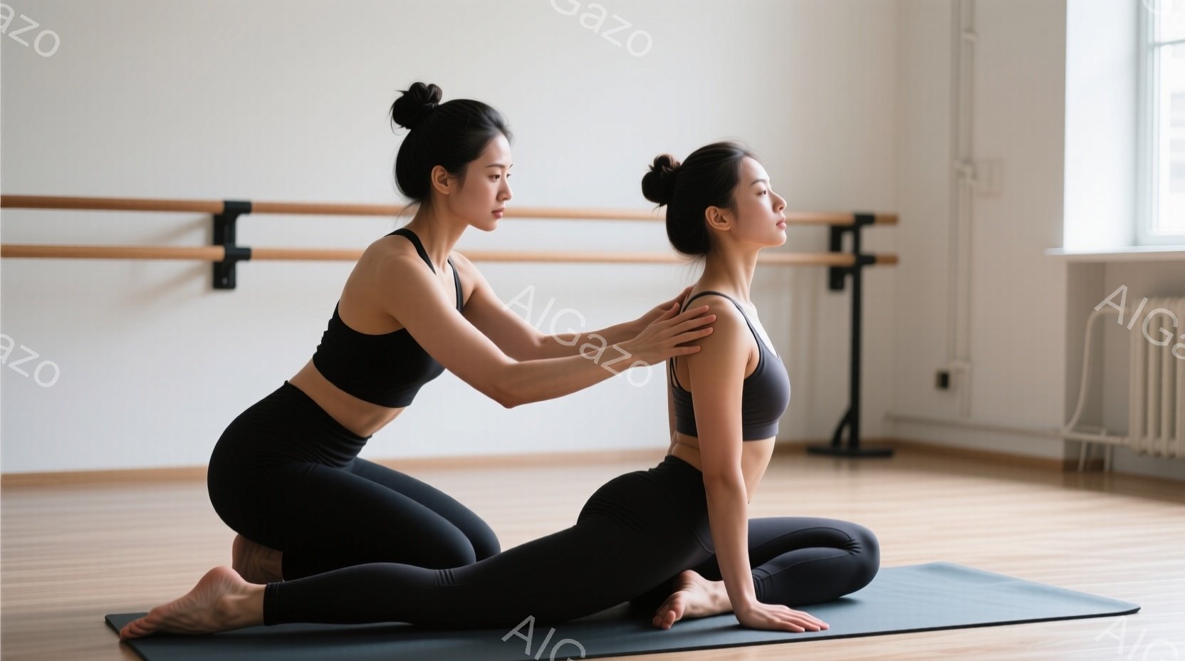 ヨガマットの上で体を伸ばしている女性二人と、その一人がもう一人を補助している様子が写っています。二人はどちらも黒のスポーツブラとレギンスを着用し、髪を後ろでまとめています。背景には、バレエのバーと白い壁があり、落ち着いた雰囲気のスタジオでヨガやエクササイズを行っていることがわかります。