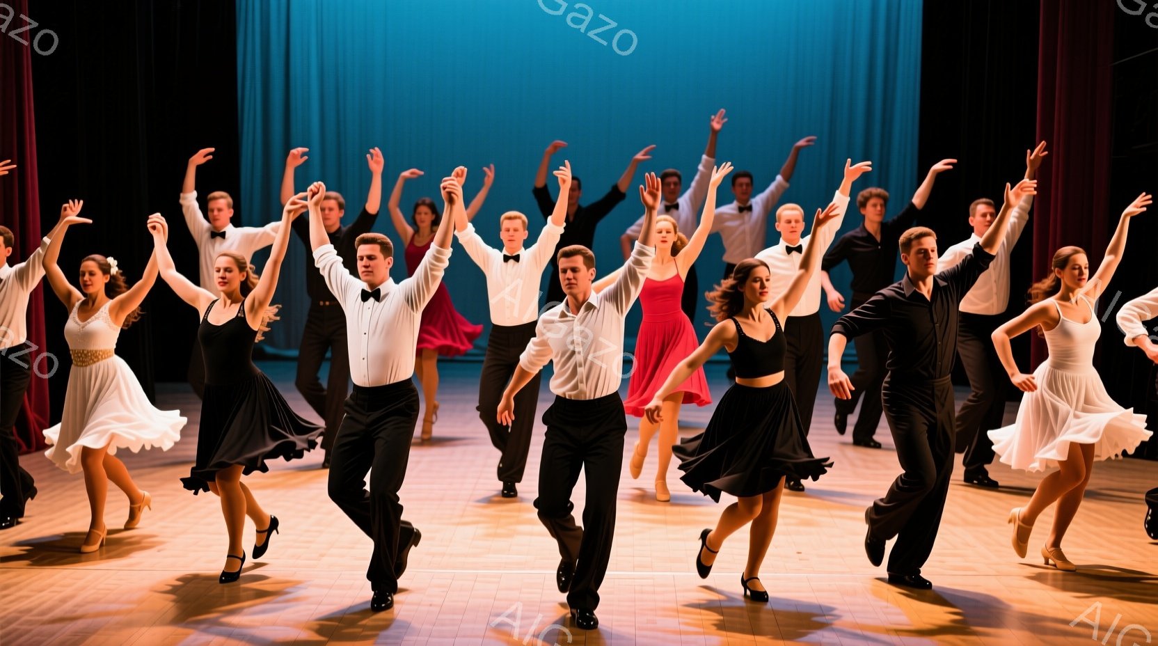 多くのダンサーたちがステージ上で踊っている様子が写っている。男性は黒いシャツとズボン、女性は黒や白のドレスを着用しており、皆、手を高く上げて躍動感のあるポーズをとっている。背景には暗い色のカーテンがあり、ステージ全体が温かい光で照らされ、華やかで活気のある雰囲気を醸し出している。
