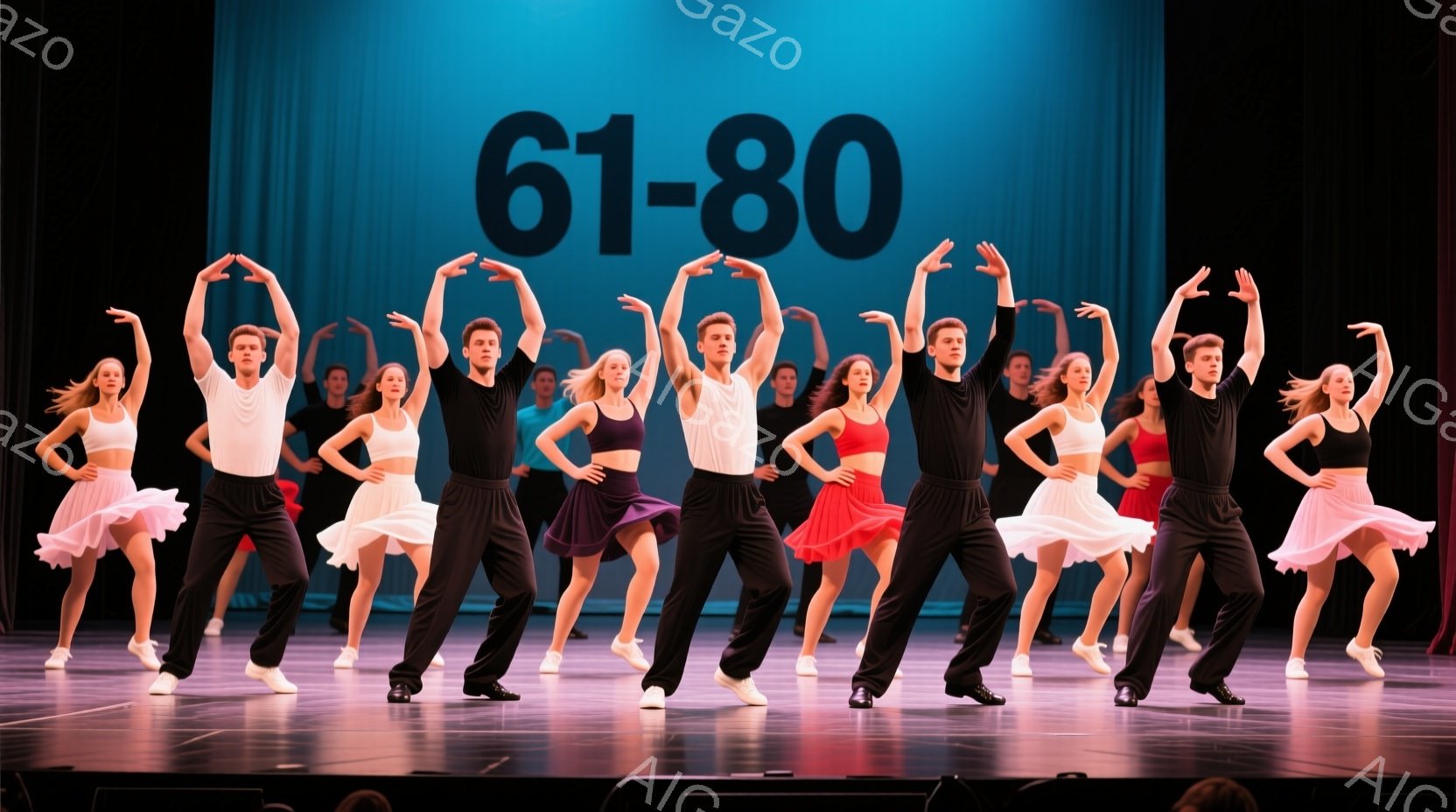 舞台上で、多くのダンサーたちが一列に並んで踊っています。彼らは黒いズボンと白い、または赤いトップスを着ており、女性たちはふわふわのスカートを着用しています。背景は青色で、「61-80」という数字が大きく表示されています。