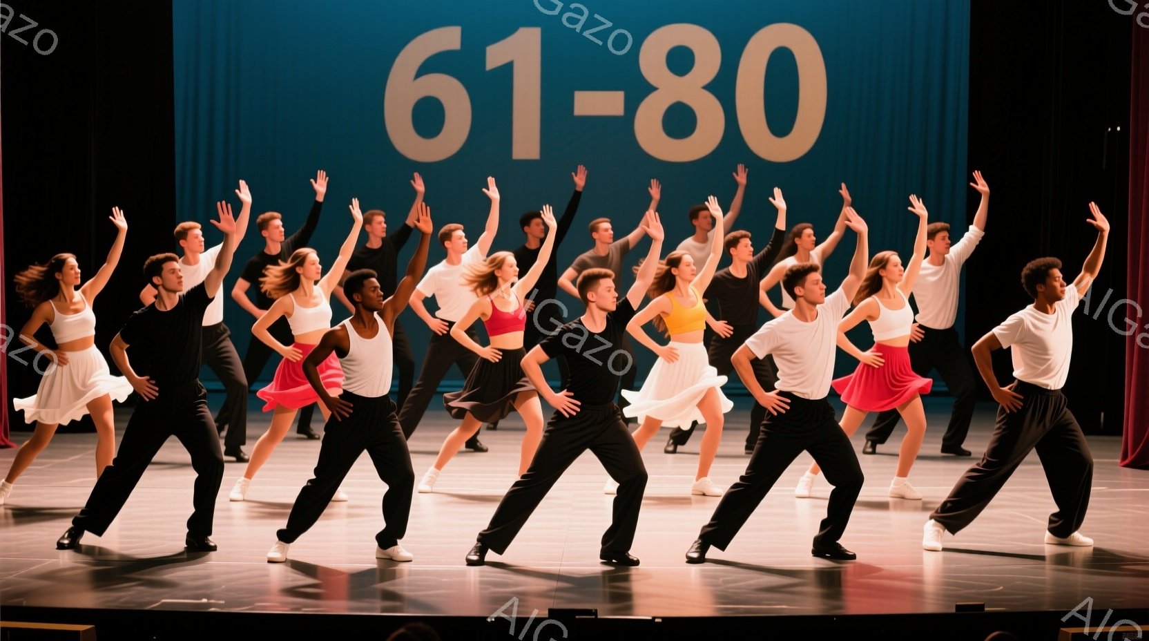 舞台上で、多くのダンサーたちが黒と白の衣装を身に着け、一様に手を高く上げて踊っています。彼らは笑顔を見せ、活気に満ちたパフォーマンスを披露しており、背景には赤い光が差し込む舞台と、上部に「61-80」と書かれたパネルが見えます。全体的に、エネルギッシュで華やかな雰囲気が漂っています。