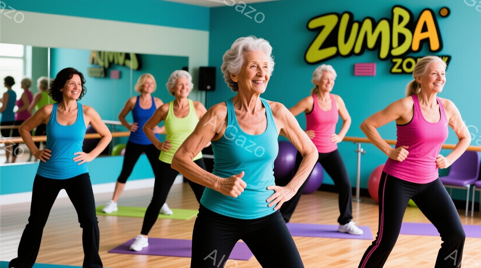 複数の女性たちがズンバのクラスで踊っています。彼女たちは明るい色のフィットネスウェア（青、緑、ピンクなど）を着ており、笑顔でエネルギッシュなポーズをとっています。背景には、鏡とフィットネス用具（ヨガマット、エクササイズボール）が見え、活気に満ちたクラスの雰囲気を感じさせます。