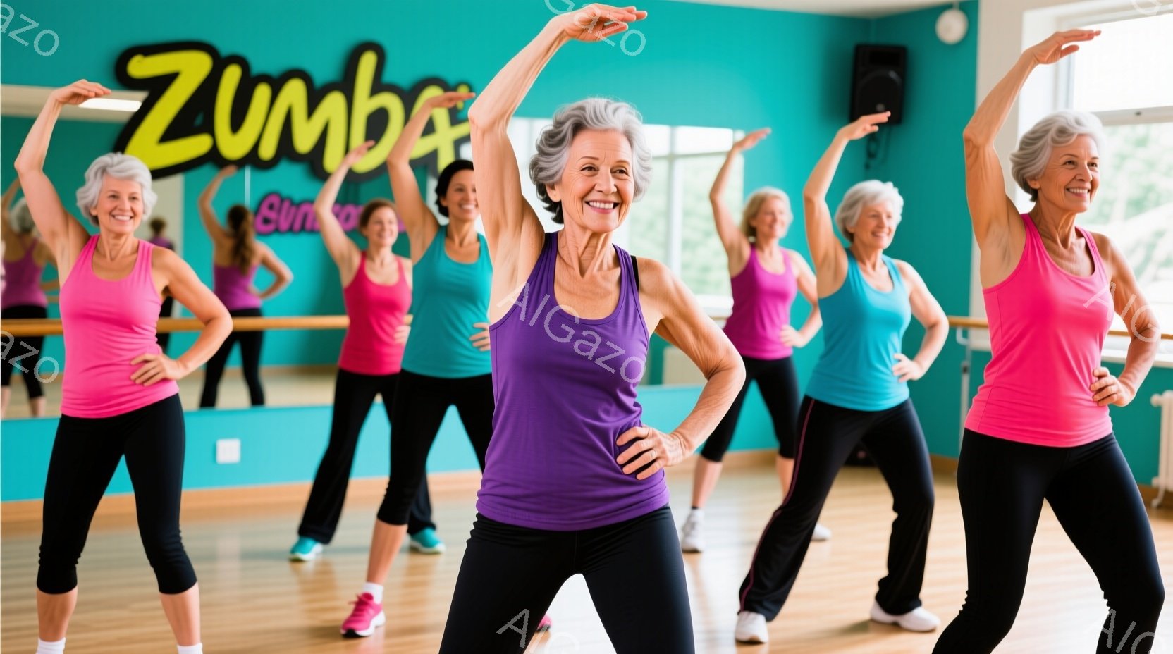 複数の女性がズンバのクラスで踊っています。彼女たちは紫やピンクのタンクトップと黒のキャプリパンツを着用し、笑顔で腕を上げてポーズをとっています。背景は明るい青色の壁と鏡で、クラスの活気ある雰囲気が伝わってきます。