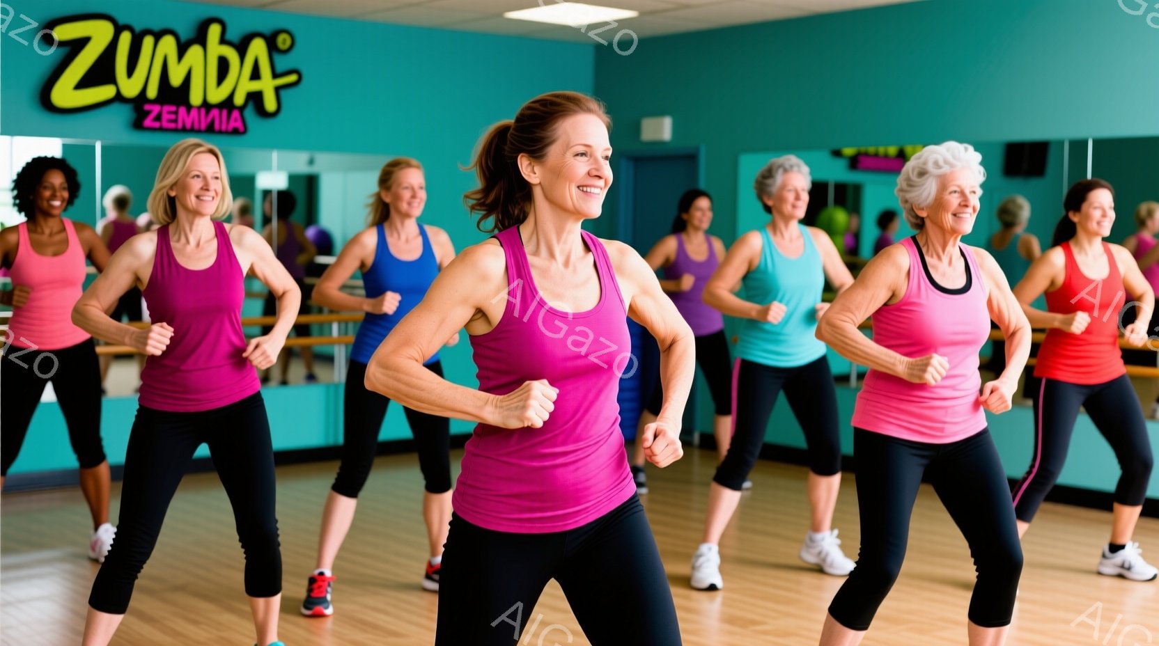 複数の女性がズンバクラスで踊っています。彼女たちは皆、ピンクやターコイズブルーのタンクトップと黒いレギンスを着ており、笑顔でポーズをとっています。背景はスタジオの鏡と壁で、明るい雰囲気で活気に満ちてい - AI生成フリー素材