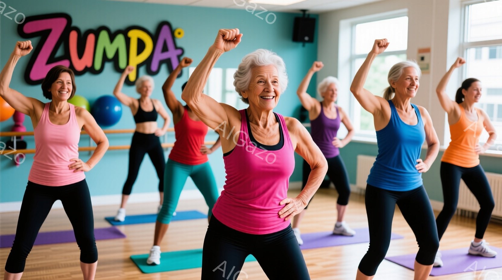 ピンク、紫、オレンジ、青のタンクトップと黒のレギンスを着用した、高齢の女性たちがズンバのクラスで運動している様子が写っています。彼女たちは皆、腕を上げて、笑顔で活発に体を動かしており、紫色のヨガマットの上で運動しています。背景には、壁に大きく「ZUMBA」と書かれており、ジムのような室内で明るく活気のある雰囲気が伝わってきます。