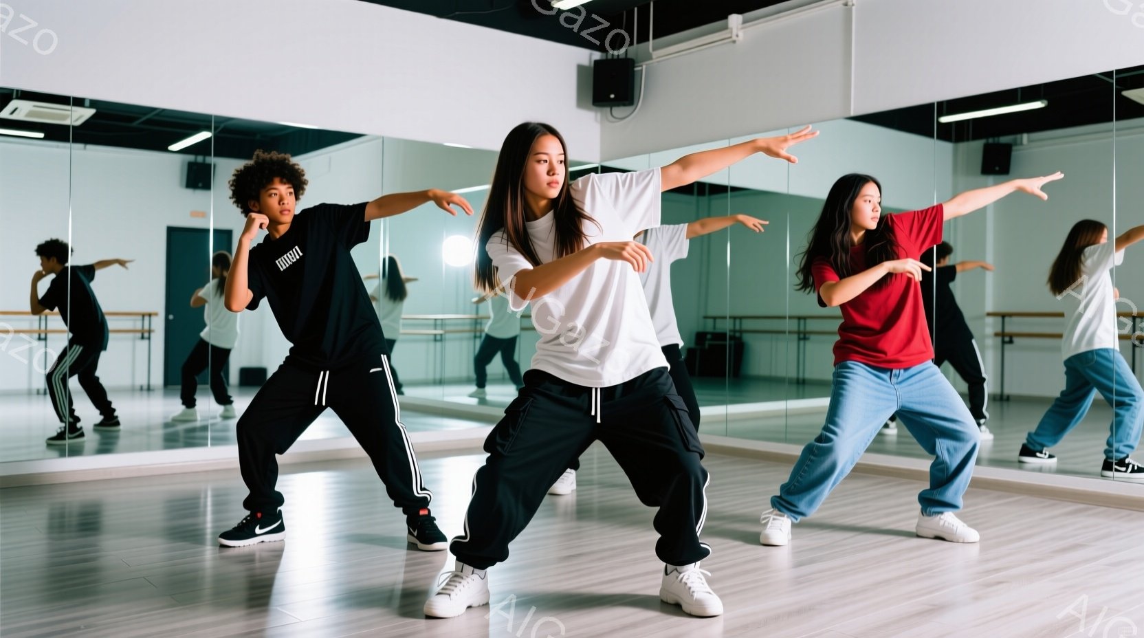 複数の若者がダンススタジオで踊っている様子が写っている。彼らは皆、スニーカーとゆったりとしたズボンを着用し、動きやすい服装をしている。スタジオは鏡張りの壁で囲まれ、天井には照明が設置されており、活気のあるダンス練習の雰囲気が伝わってくる。