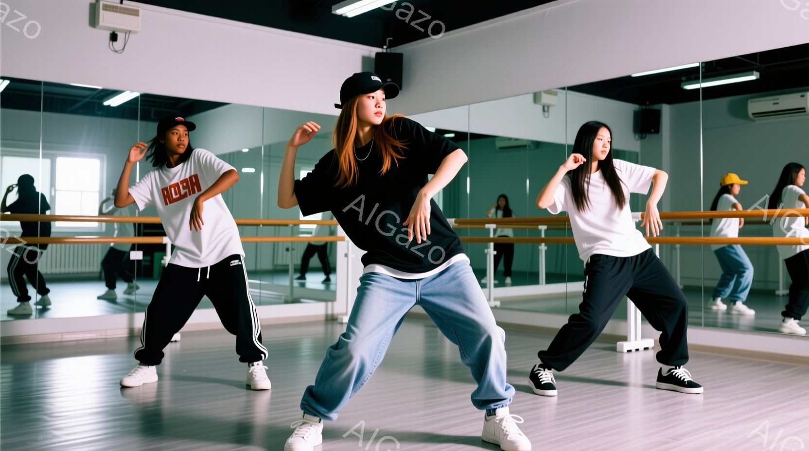 複数の女性がダンススタジオで踊っています。彼女たちはスニーカー、ゆったりとしたズボン、オーバーサイズのトップスを着ており、キャップを被っている人もいます。鏡に映る姿が複数見え、広々としたスタジオ内は明 - AI生成フリー素材