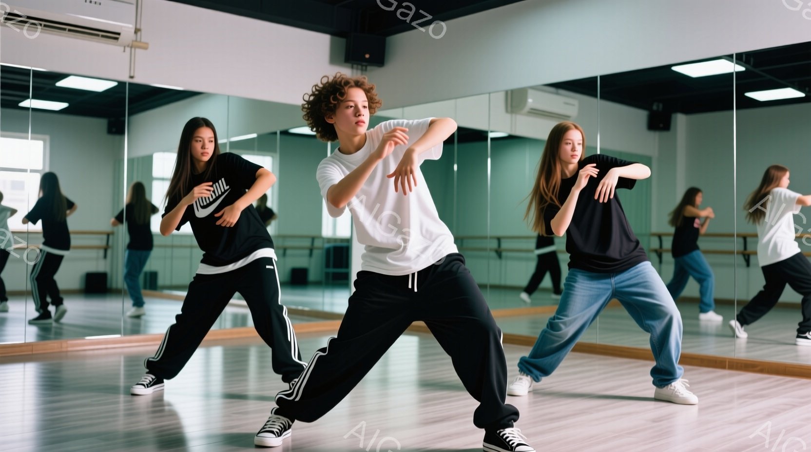 ダンススタジオで、二人の若い女性がダンスのポーズをとっています。一人は黒いストライプのズボンと白いTシャツ、もう一人はデニムジーンズと白いTシャツを着ており、どちらもスニーカーを履いています。スタジオ - AI生成フリー素材