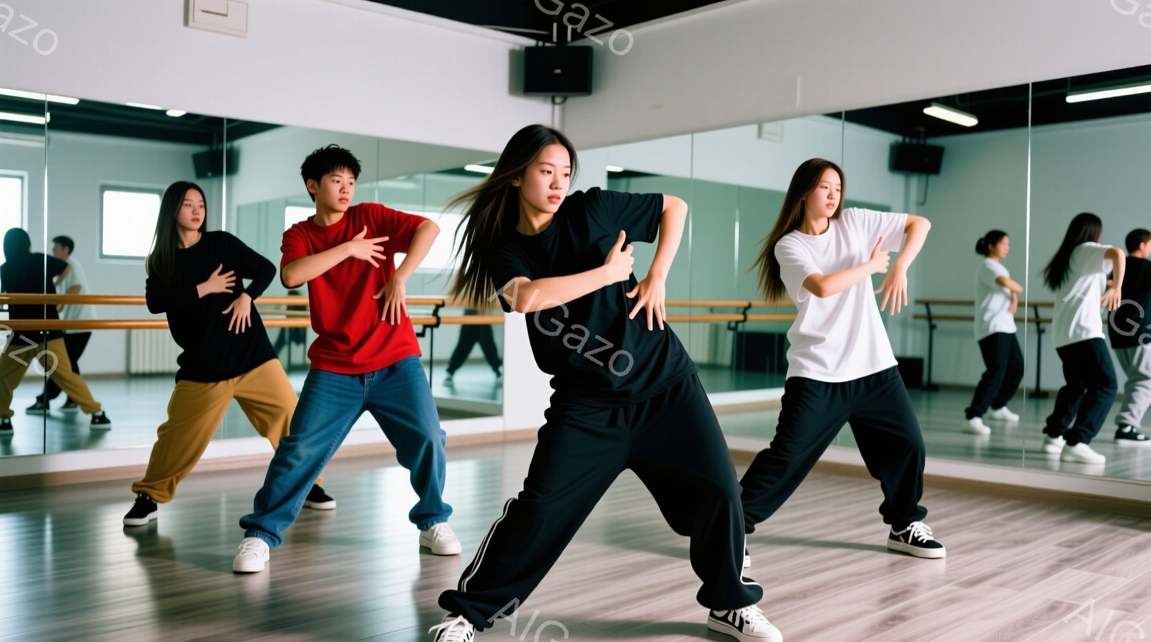 ダンススタジオで、数人の若者がダンスの練習をしています。彼らは皆、スニーカーを履き、動きやすい服装で、活発な表情でポーズをとっています。スタジオは鏡張りになっており、明るい照明の下、広々とした空間で練 - AI生成フリー素材