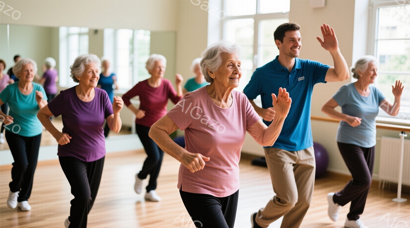 複数の女性と一人の男性が、明るいスタジオでエアロビクスの運動をしている様子が写っている。女性たちはカラフルなトップスと黒いズボンを着用し、笑顔で腕を振りながら運動している。スタジオにはバレエバーやエクササイズボールがあり、木製の床が敷かれていることで、リラックスした雰囲気が漂っている。