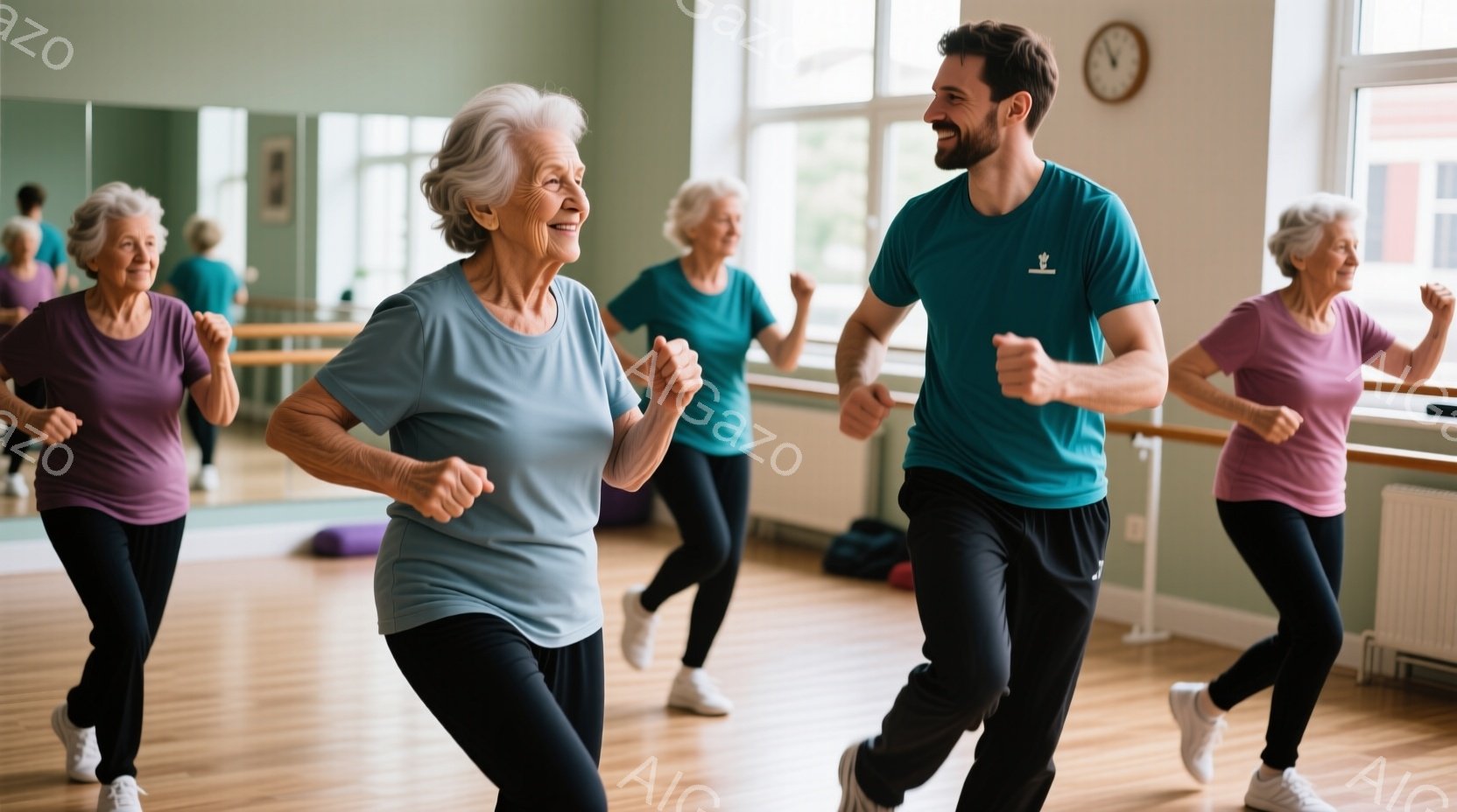 室内でダンスレッスンを受けている人々の様子が描かれています。年配の女性たちが動きやすい服装で、楽しそうに腕を振りながら踊っています。背景には鏡とバレエバーがあり、明るく活気のある雰囲気です。