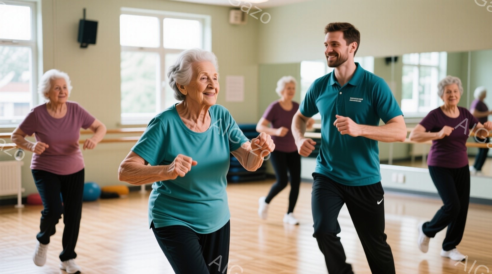 室内は木製の床で、複数の女性と一人の男性がダンスのような運動をしている。女性たちは紫色のトップスと黒いパンツを着用し、男性はターコイズブルーのポロシャツと黒いスポーツパンツを着ている。全員が笑顔で、腕 - AI生成フリー素材