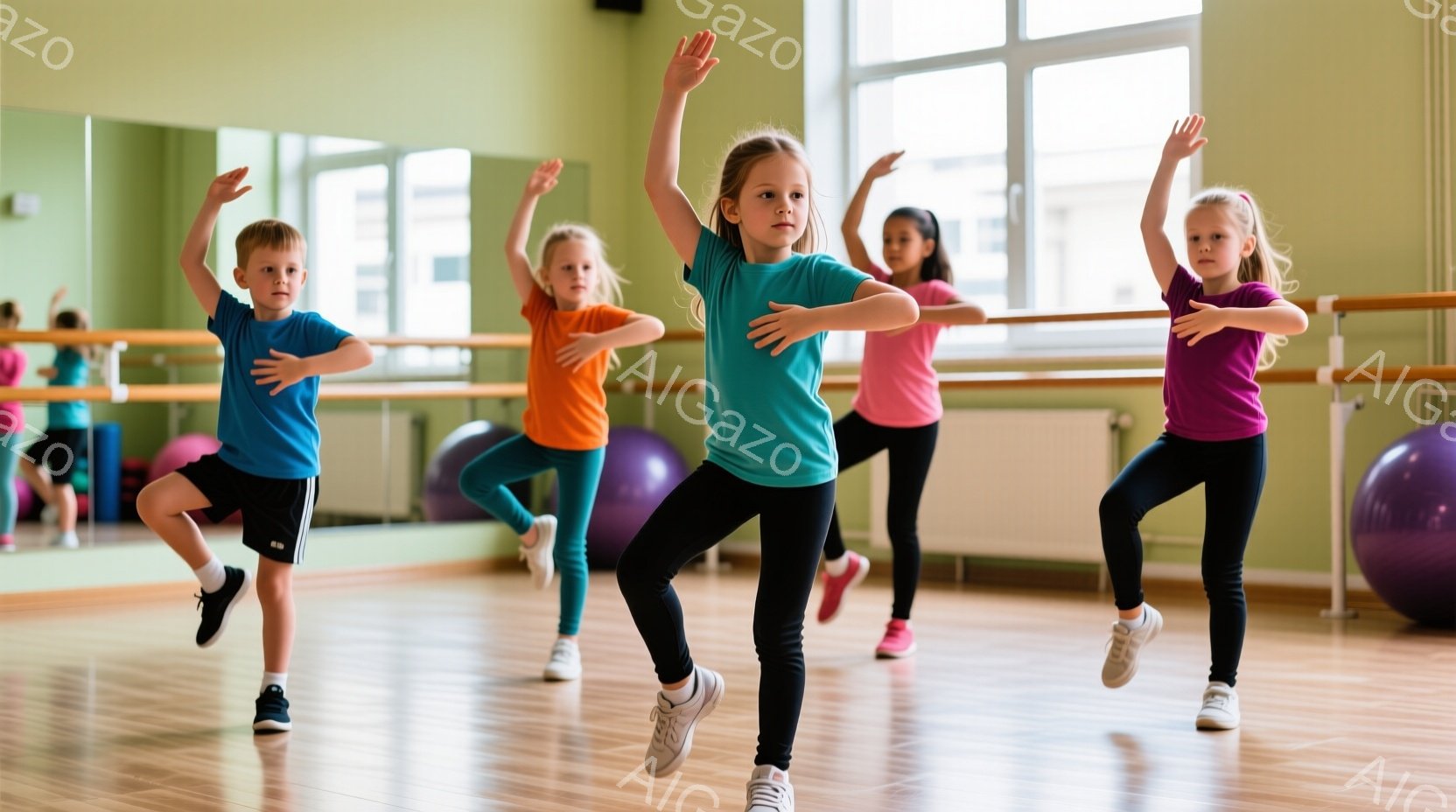 室内には、青、オレンジ、紫色のシャツを着た、複数の子供たちがダンスの練習をしている様子が写っています。子供たちは皆、片足を上げてジャンプしたり、腕を広げたりして、活発なポーズをとっており、楽しそうな表情をしています。背景には、鏡張りの壁、バレエバー、カラフルなエクササイズボールが見え、明るく清潔なダンススタジオの雰囲気です。