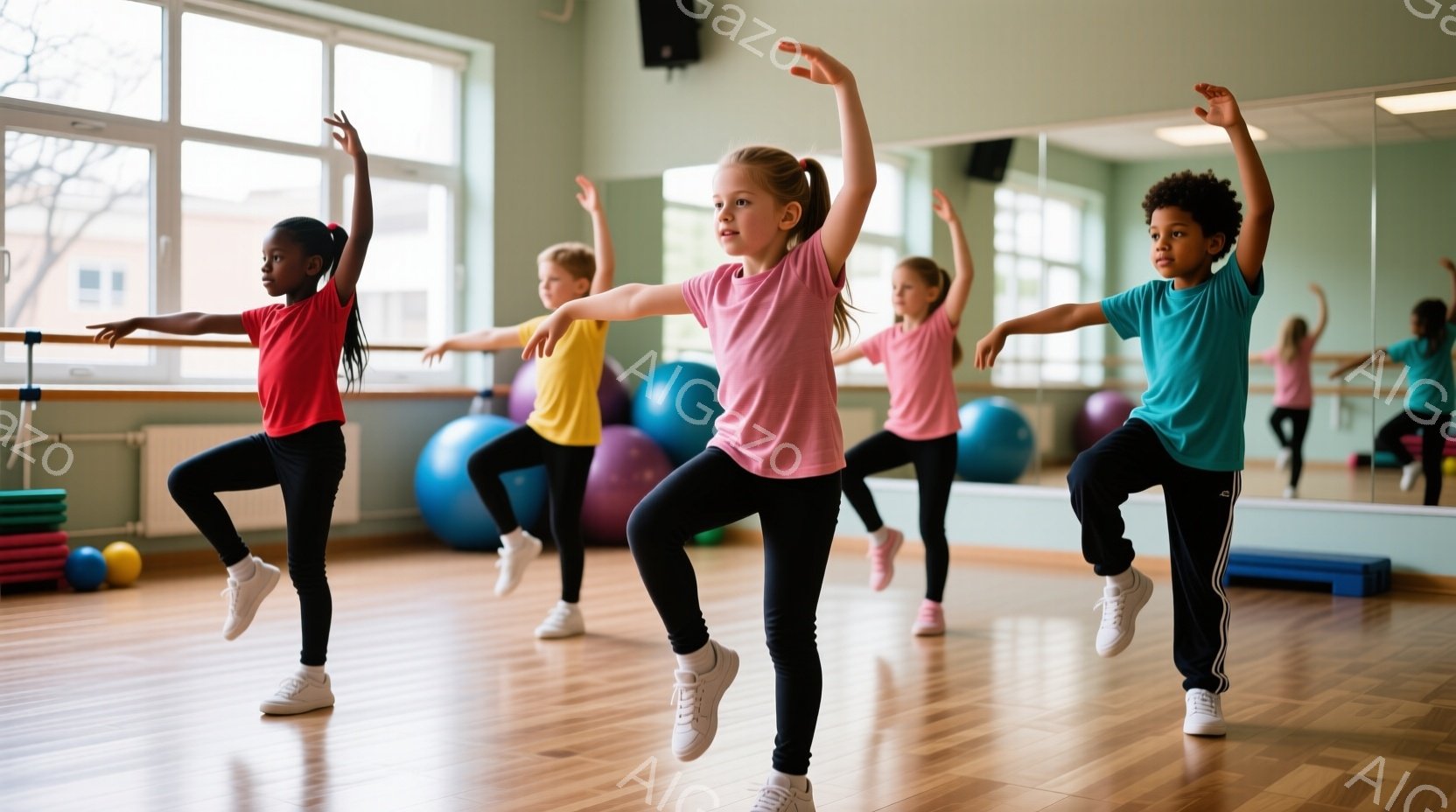 ダンススタジオで、複数の子どもたちがバレエのようなポーズをとっています。赤いシャツ、ピンクのシャツ、青いシャツを着た子どもたちは黒いレギンスと白いスニーカーを履き、片足を上げて腕を広げています。背景には、エクササイズボールやステップ台があり、鏡張りの壁が広がり、明るく活気のある雰囲気です。