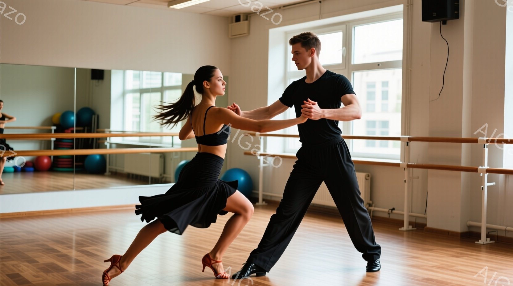 ダンスフロアで踊る男女が写っている。女性は黒のキャミソールとフレアスカート、赤いハイヒールを着用し、髪はポニーテールに結んでいる。男性は黒いシャツとパンツを着用し、お互いに寄り添い、ダンスのステップを踏んでいる。