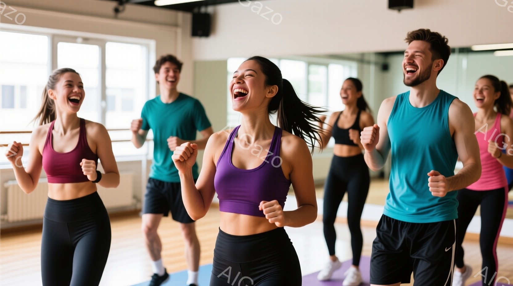 複数の人々がフィットネススタジオで運動をしている様子が写っている。女性たちは紫色のスポーツブラと黒いレギンス、男性はターコイズブルーのタンクトップと黒いショーツを着用し、皆笑顔で拳を高く上げて活気に満 - AI生成フリー素材
