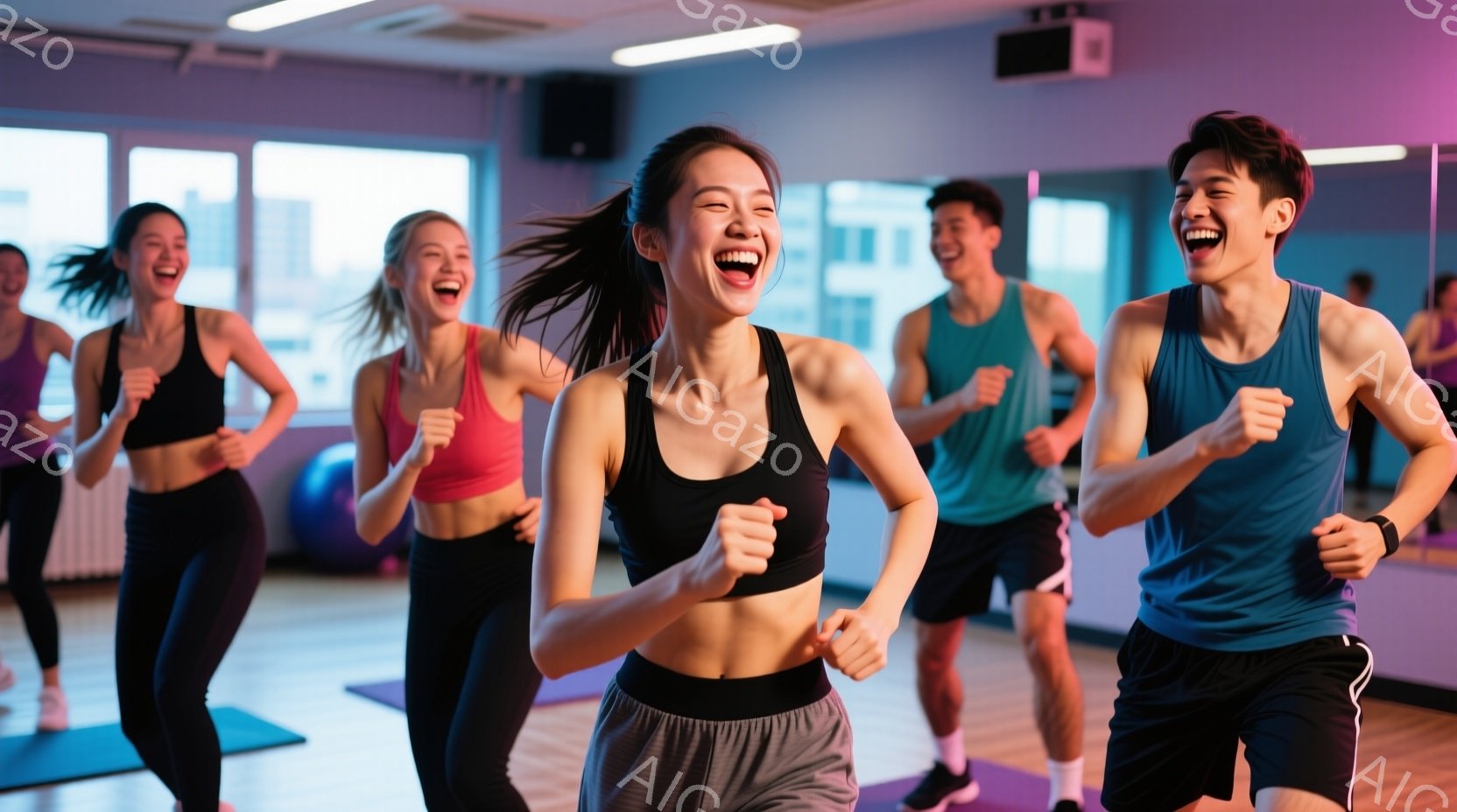 複数の人々が明るいジムで運動している様子が写っている。女性は黒のスポーツブラとグレーのレギンス、男性はターコイズブルーのタンクトップと黒のショーツを着用しており、皆笑顔で走り、活気に満ちている。背景に - AI生成フリー素材