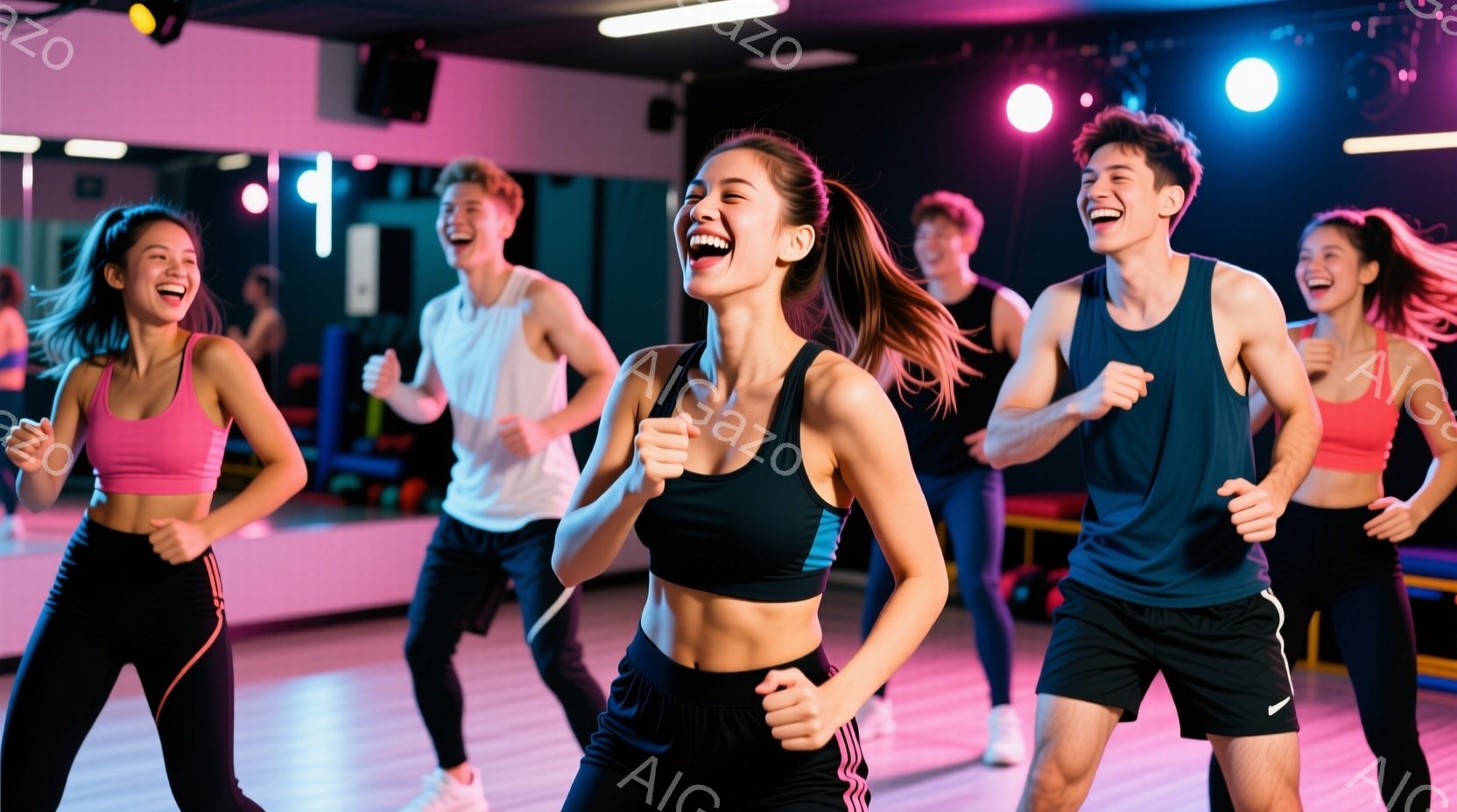 複数の人々がフィットネススタジオでダンスを楽しんでいる様子が写っている。女性はスポーツブラとレギンス、男性はタンクトップとショーツという運動に適した服装で、皆笑顔で活気に満ちている。背景には鏡があり、 - AI生成フリー素材