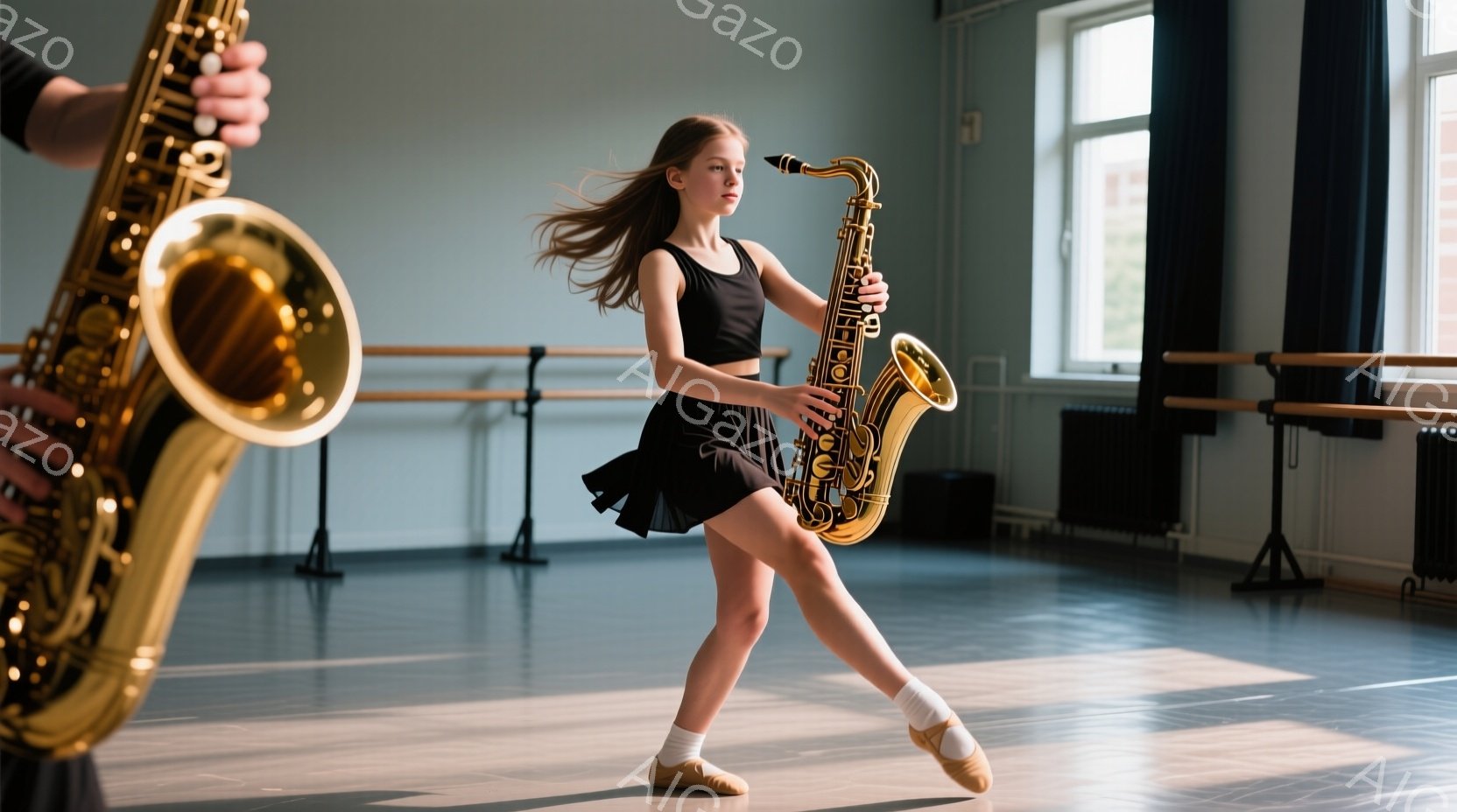バレエのような動きでサックスを構える若い女性が写っています。黒のキャミソールと短いスカート、そしてバレエシューズを着用し、髪は後ろで結ばれています。背景はダンススタジオのような空間で、窓から光が差し込み、バレエバーが設置されています。