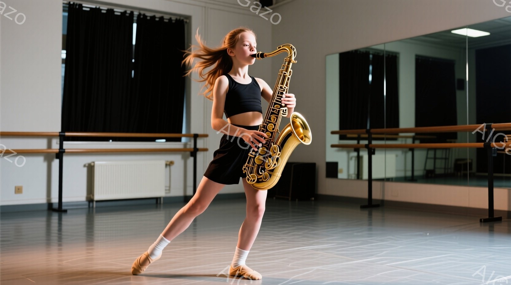 若い女性がダンススタジオでサックスを吹いています。黒いタンクトップとスカート、そしてバレエシューズを着用し、髪は後ろで結ばれていますが、動きによって少し崩れています。スタジオは鏡張りの壁があり、床は灰色で、全体的に集中と創造性のある雰囲気です。