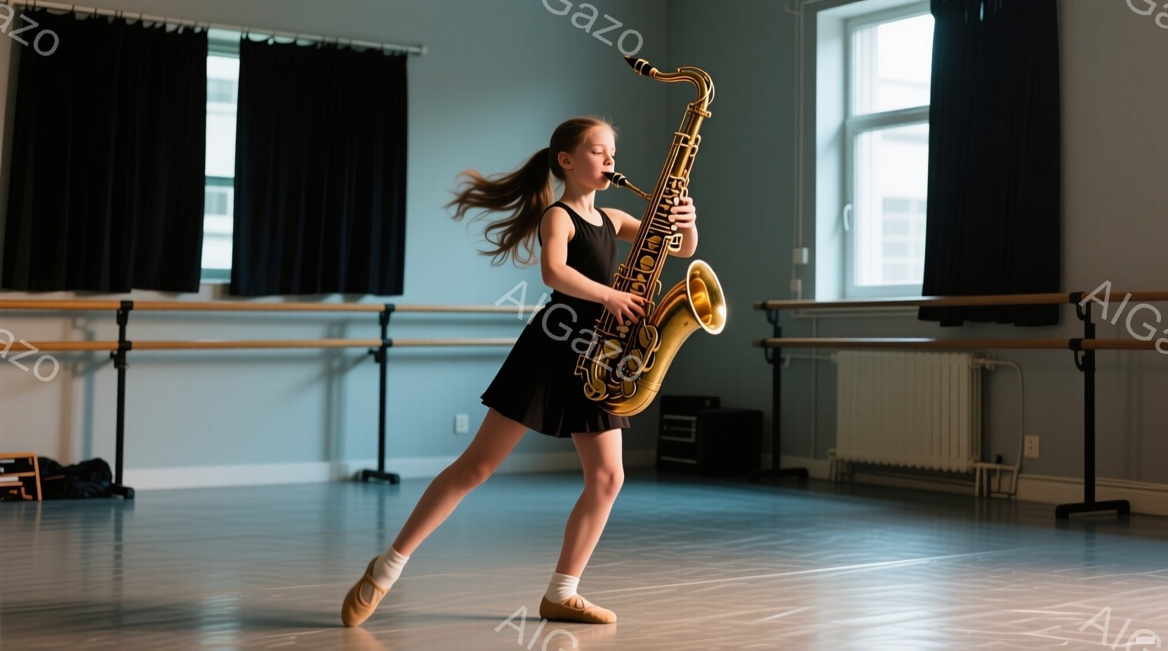 若い女性がサックスを演奏しながら、ダンススタジオでポーズをとっています。彼女は黒いドレスとバレエシューズを履き、髪は後ろで結ばれています。明るい窓から光が差し込み、スタジオ全体を照らし、躍動感と集中した雰囲気を醸し出しています。