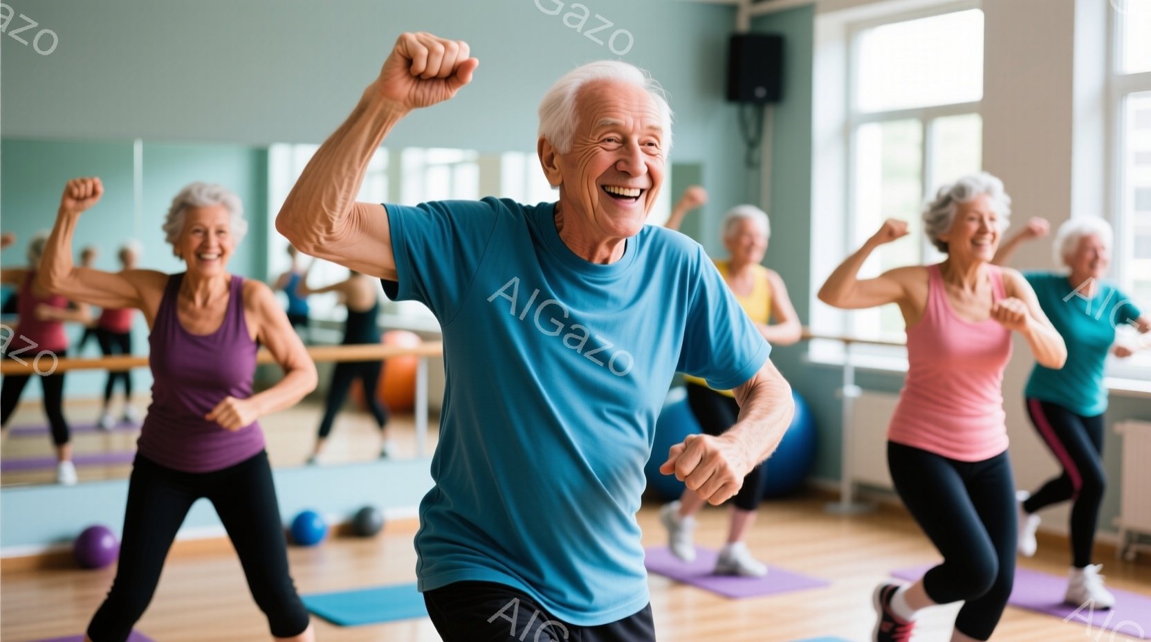 フィットネススタジオで運動をしている高齢の男女が写っています。青いTシャツに黒いズボンを着用した男性が、両腕を上げて活気に満ちた表情で前方に飛び出しており、他の参加者はピンクや紫の運動着を着て、腕を横 - AI生成フリー素材