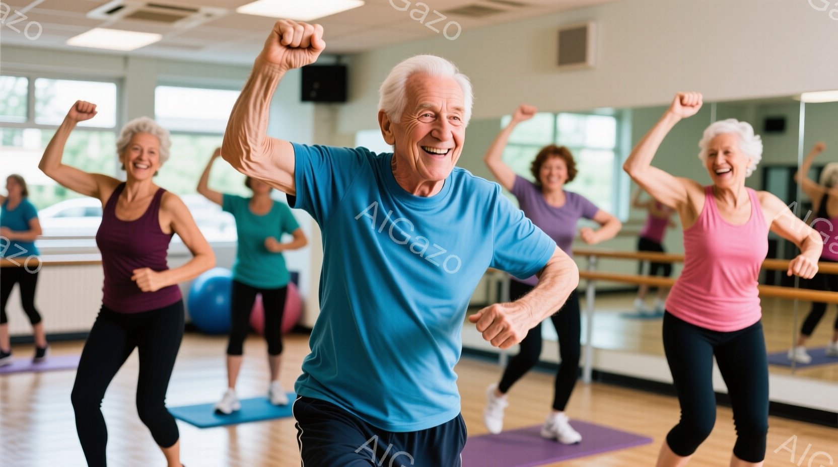 鮮やかな青いシャツと紺色のショートパンツを着た高齢男性が、両手を上げて元気に踊っています。周りにはピンクや紫色のタンクトップを着た高齢女性たちが、同じように手を上げながら運動しています。背景には鏡とエ - AI生成フリー素材