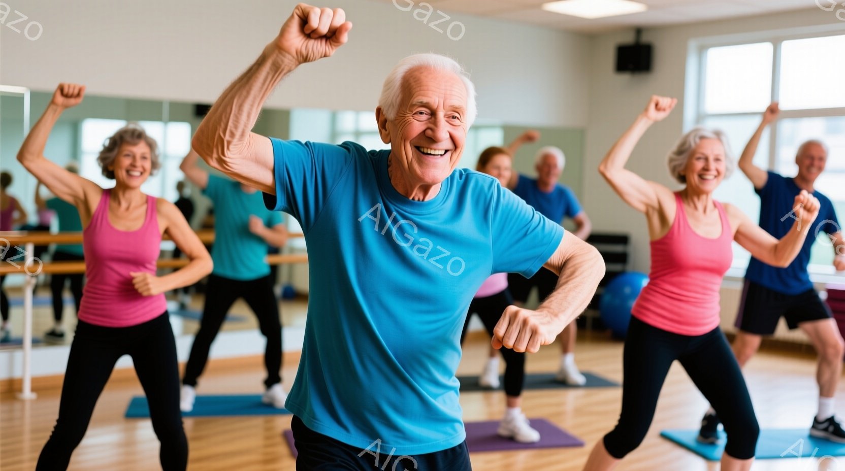 シニア層のグループがフィットネススタジオでエクササイズを行っています。青いTシャツと黒いパンツを着用した男性が中心に立っており、両腕を上げて楽しそうに踊っています。背景には、ピンクのタンクトップと黒い - AI生成フリー素材