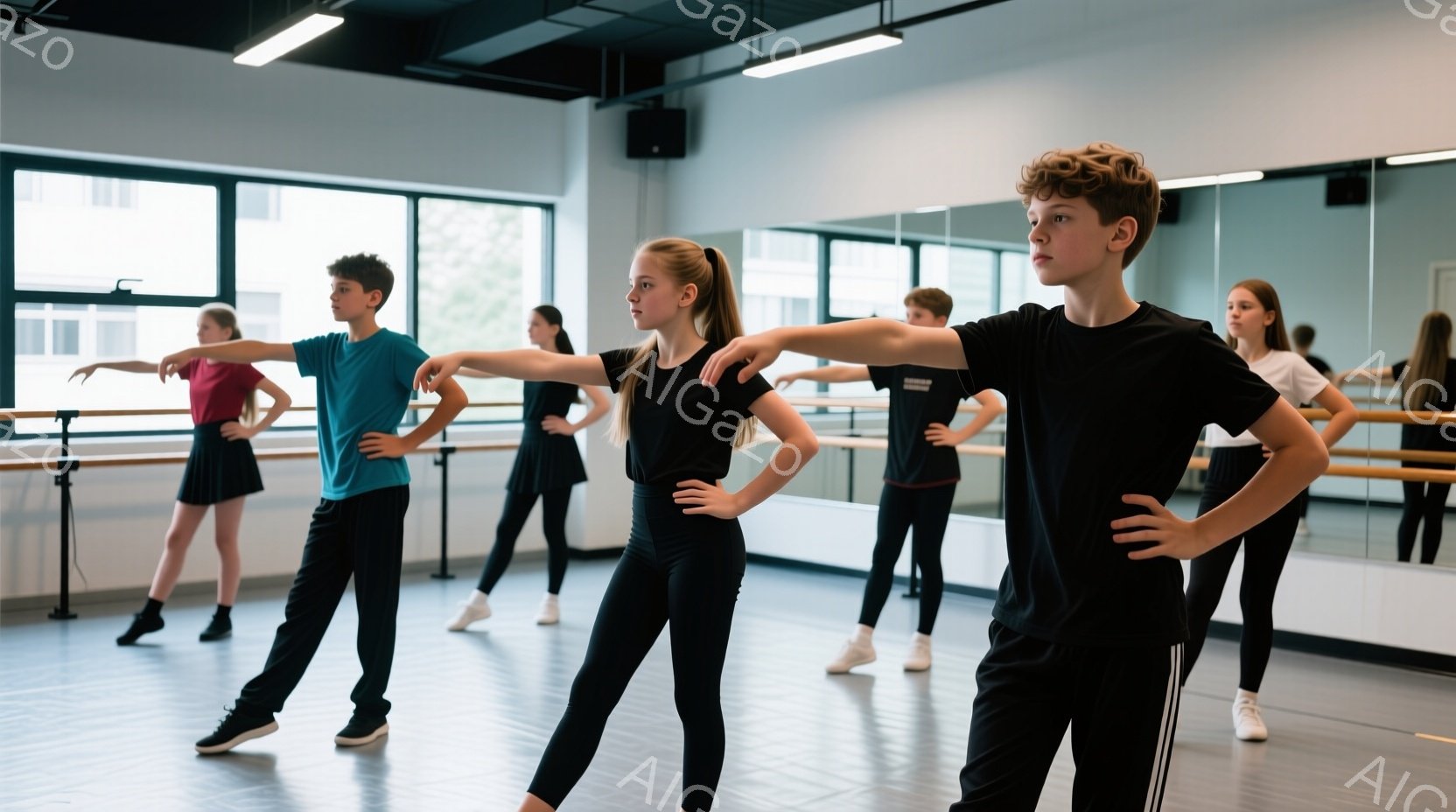 バレエ教室のような空間で、数人の若いダンサーたちが練習しています。彼らは動きに合わせて腕を広げ、姿勢を正し、黒やターコイズブルーのスポーツウェアを着ています。鏡に映る姿と明るい室内照明が、練習に集中する活気のある雰囲気を醸し出しています。