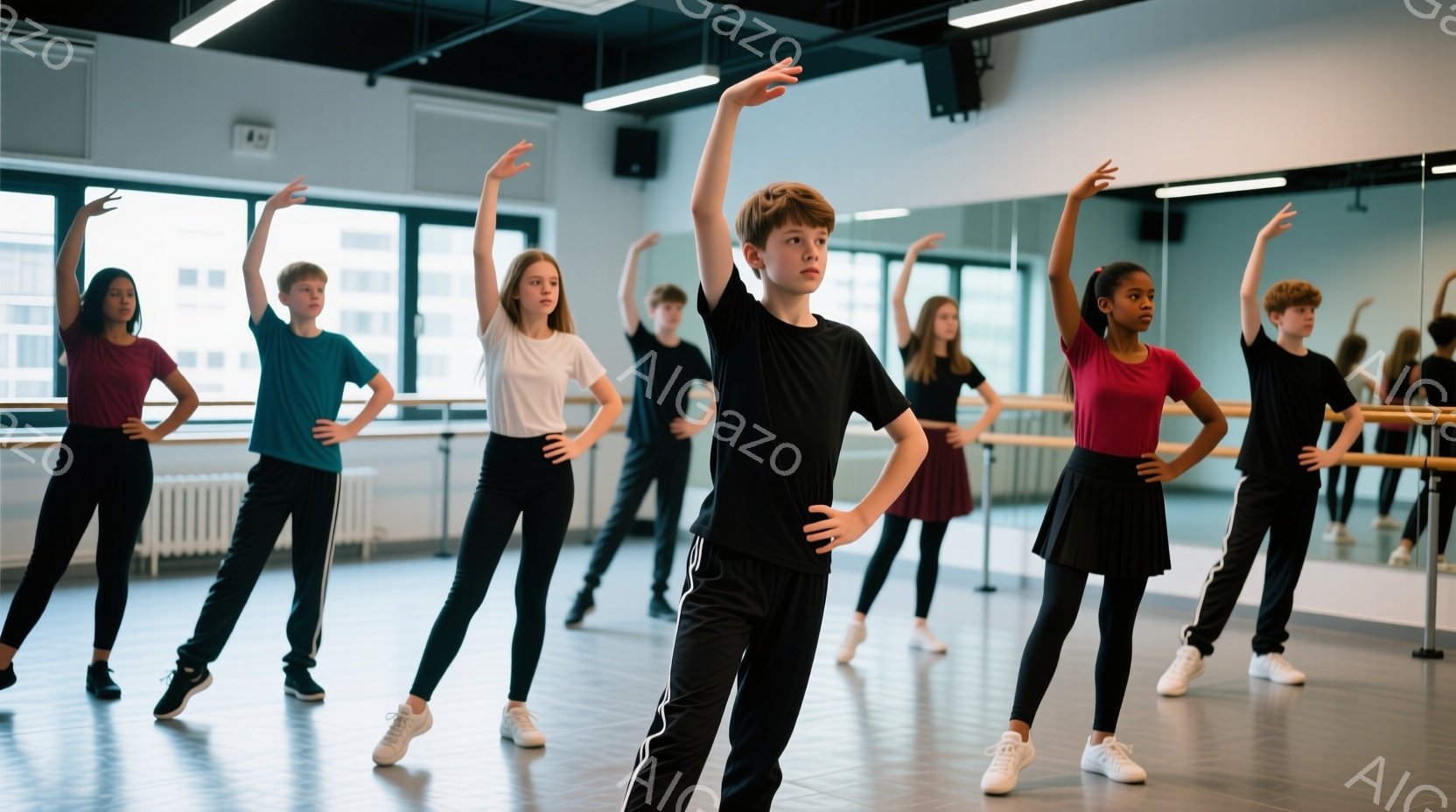 バレエ教室で、複数の子どもたちが練習に取り組んでいます。彼らは黒いレギンスやトラックパンツ、Tシャツや半袖シャツを着用し、バレエの準備体操のようなポーズをとっています。背景には大きな鏡があり、教室の明るい雰囲気が伝わってきます。
