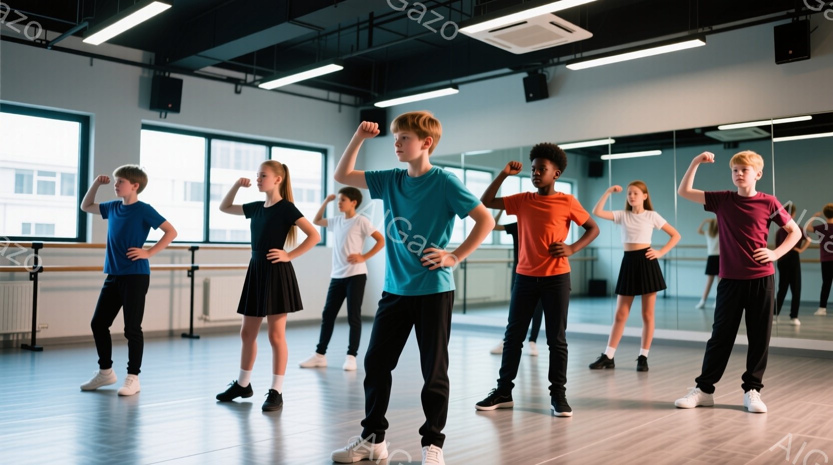 ダンススタジオで、複数の子供たちが揃ってポーズをとっています。子供たちはそれぞれ異なる色のTシャツと黒いスカートまたはズボンを着用し、白いスニーカーを履いています。スタジオは鏡張りの壁があり、明るい照明が当たり、活気があり、エネルギッシュな雰囲気です。