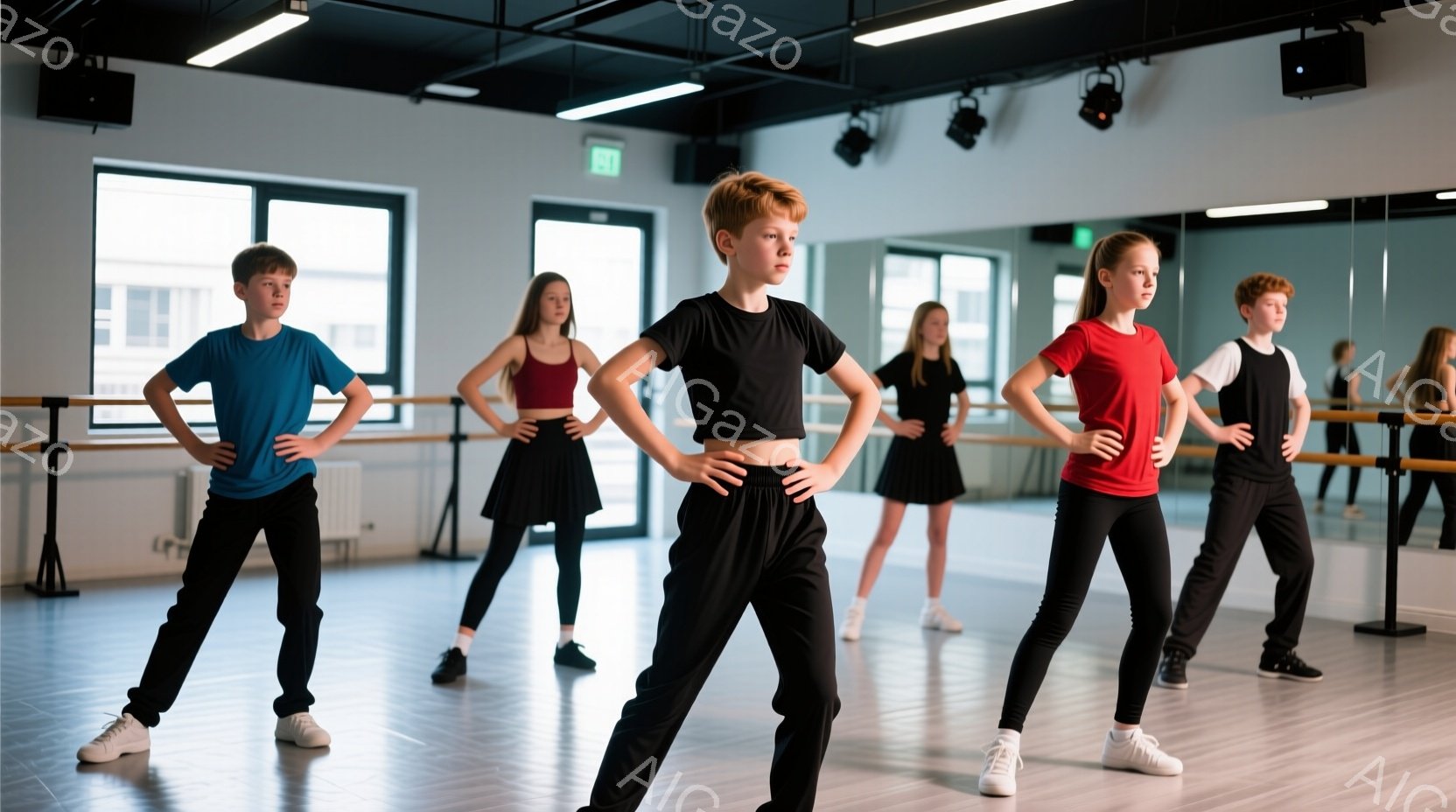 バレエまたはダンススタジオで、5人の若いダンサーが整列して立っています。彼らはそれぞれ異なる色のダンスウェアを着用しており、黒いズボンまたはレギンスと、青、赤、黒のトップスが目立ちます。スタジオは明るく、大きな鏡があり、白い壁と床、そして天井に取り付けられた照明器具が特徴で、全体的に練習に集中した落ち着いた雰囲気です。