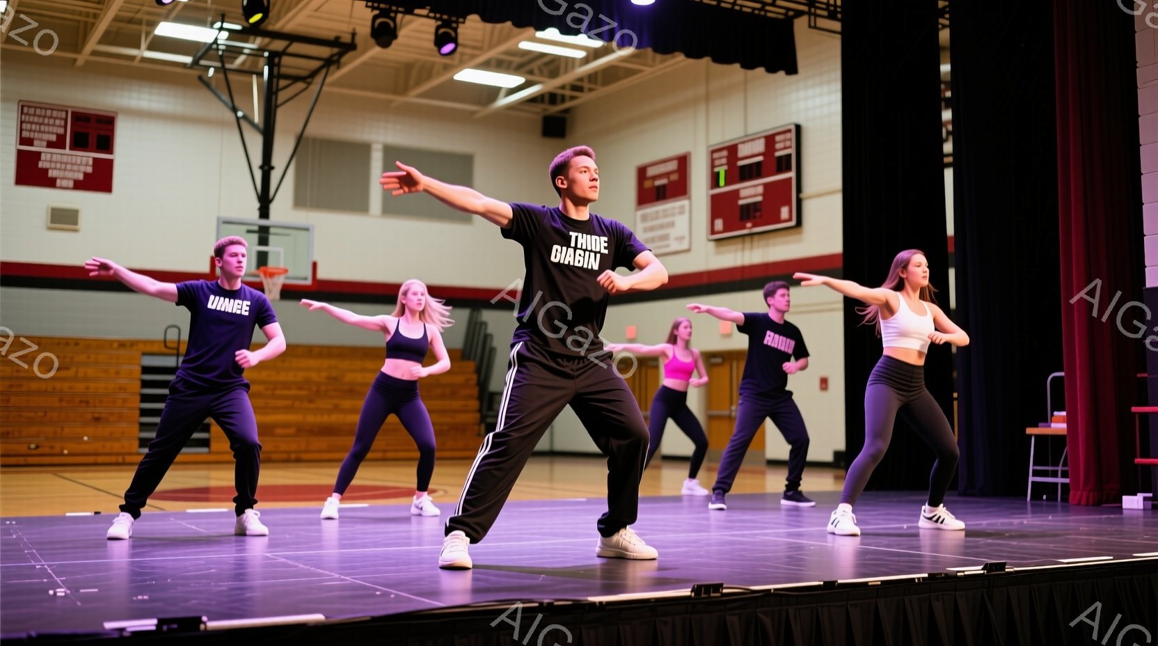 ステージ上で、男性と複数の女性がダンスを踊っている様子が写っている。男性は黒いTシャツと黒いスラックスを着用し、女性たちは黒いトップスとレギンスを身につけている。背景には観客席らしきものがぼやけて見え、全体的に活気のある雰囲気である。